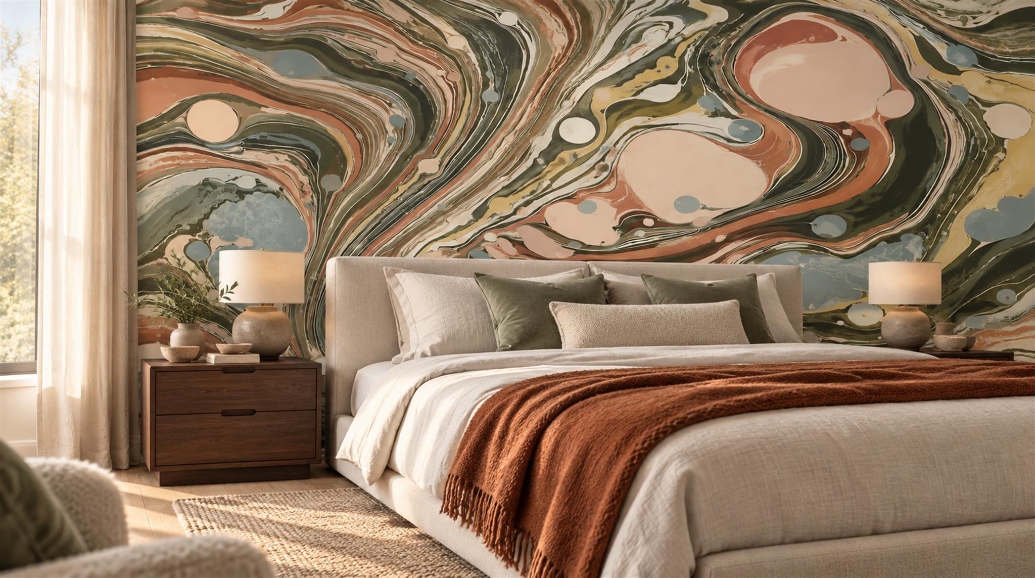 Neutral Sweeping Swirl Forms Decorative Wallpaper Mural Bedroom-wallpaper-murals, Peel-and-stick Finish