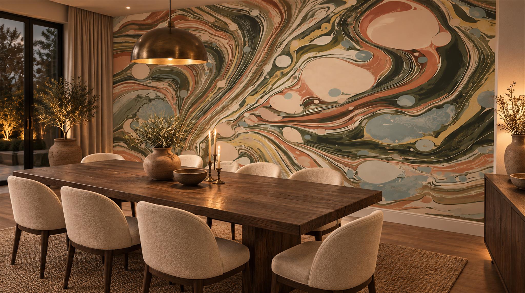 Neutral Sweeping Swirl Forms Decorative Wallpaper Mural Dining-room-wallpaper-murals, Shown In A Dining Room, Peel-and-stick Finish