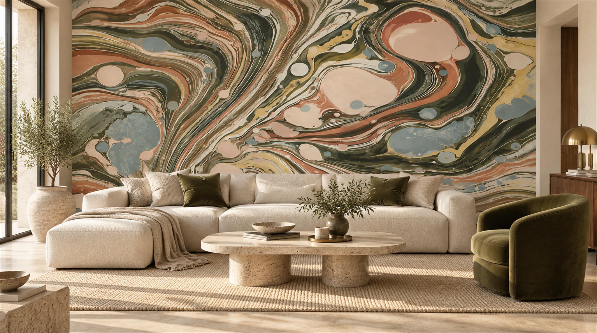 Sage And Blush Fluid Marble Wallpaper Mural — Wallpaper Mural Design, Peel-and-stick Finish