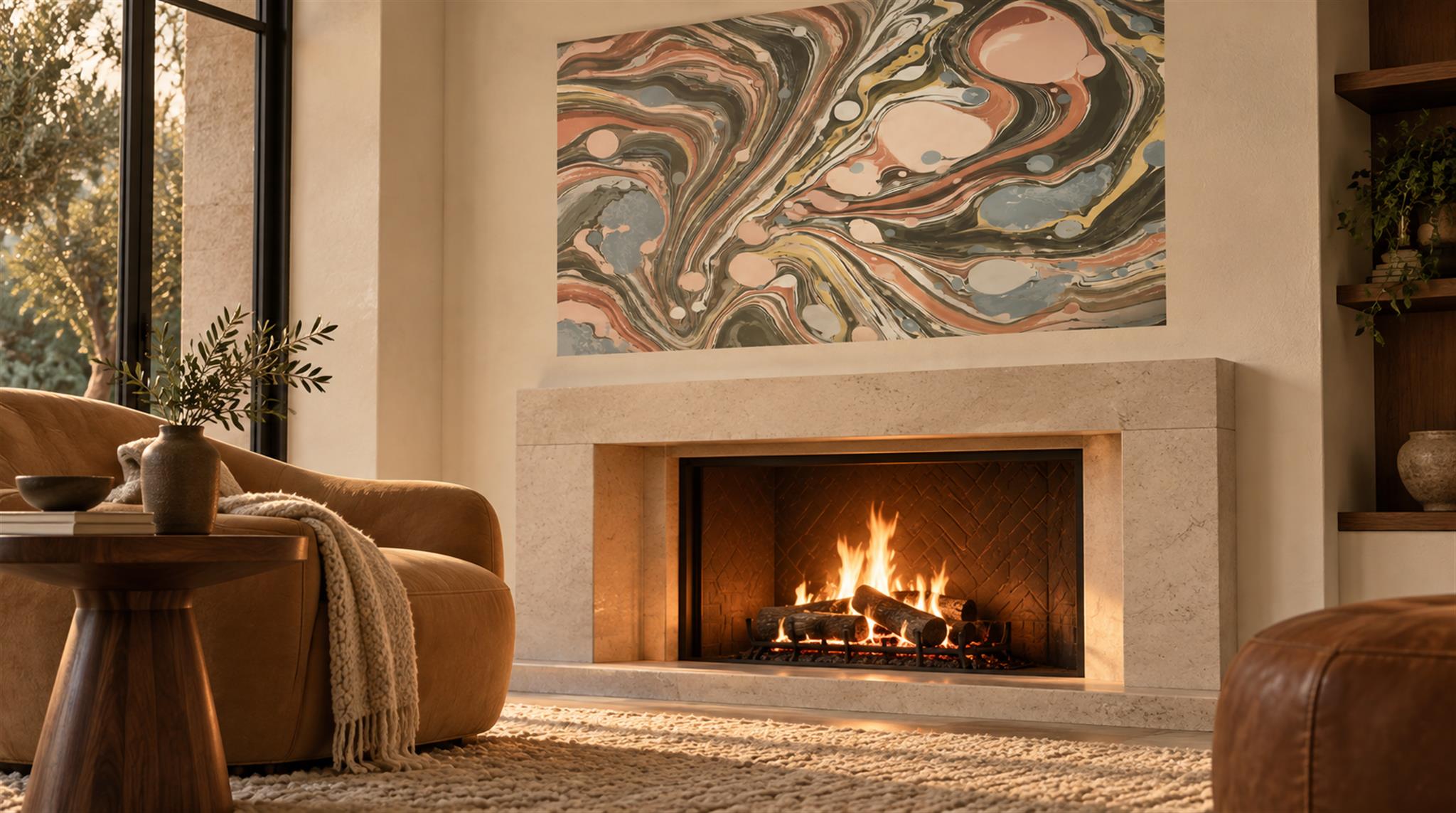 Neutral Sweeping Swirl Forms Decorative Wallpaper Mural Accent-wall-wallpaper-murals, Peel-and-stick Finish