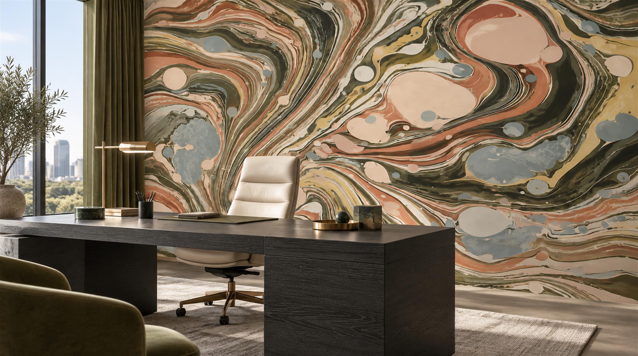 Neutral Sweeping Swirl Forms Decorative Wallpaper Mural Living-room-wallpaper-murals, Peel-and-stick Finish