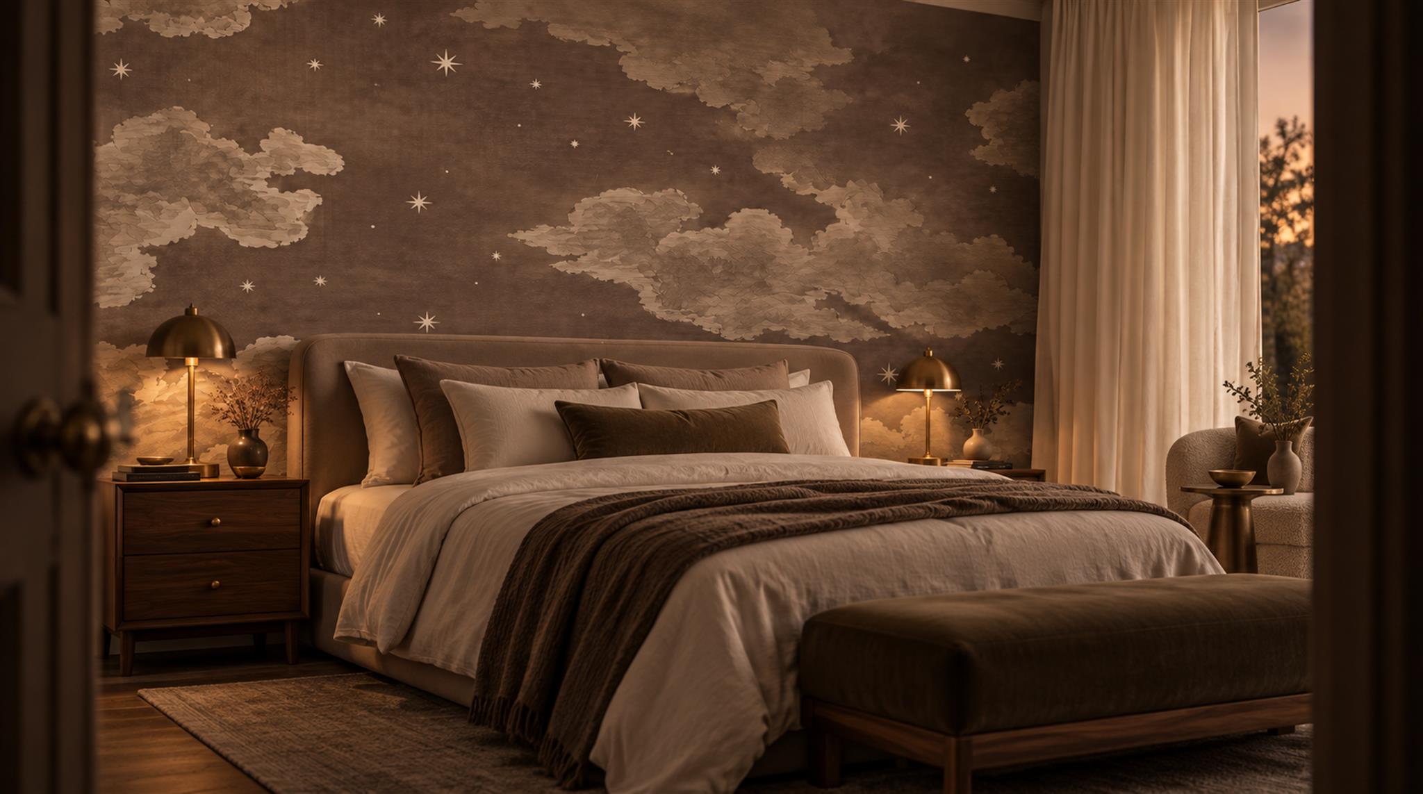Red And Neutral Decorative Patterning Wallpaper Mural Layered Hand Accent-wall-wallpaper-murals, Peel-and-stick Finish