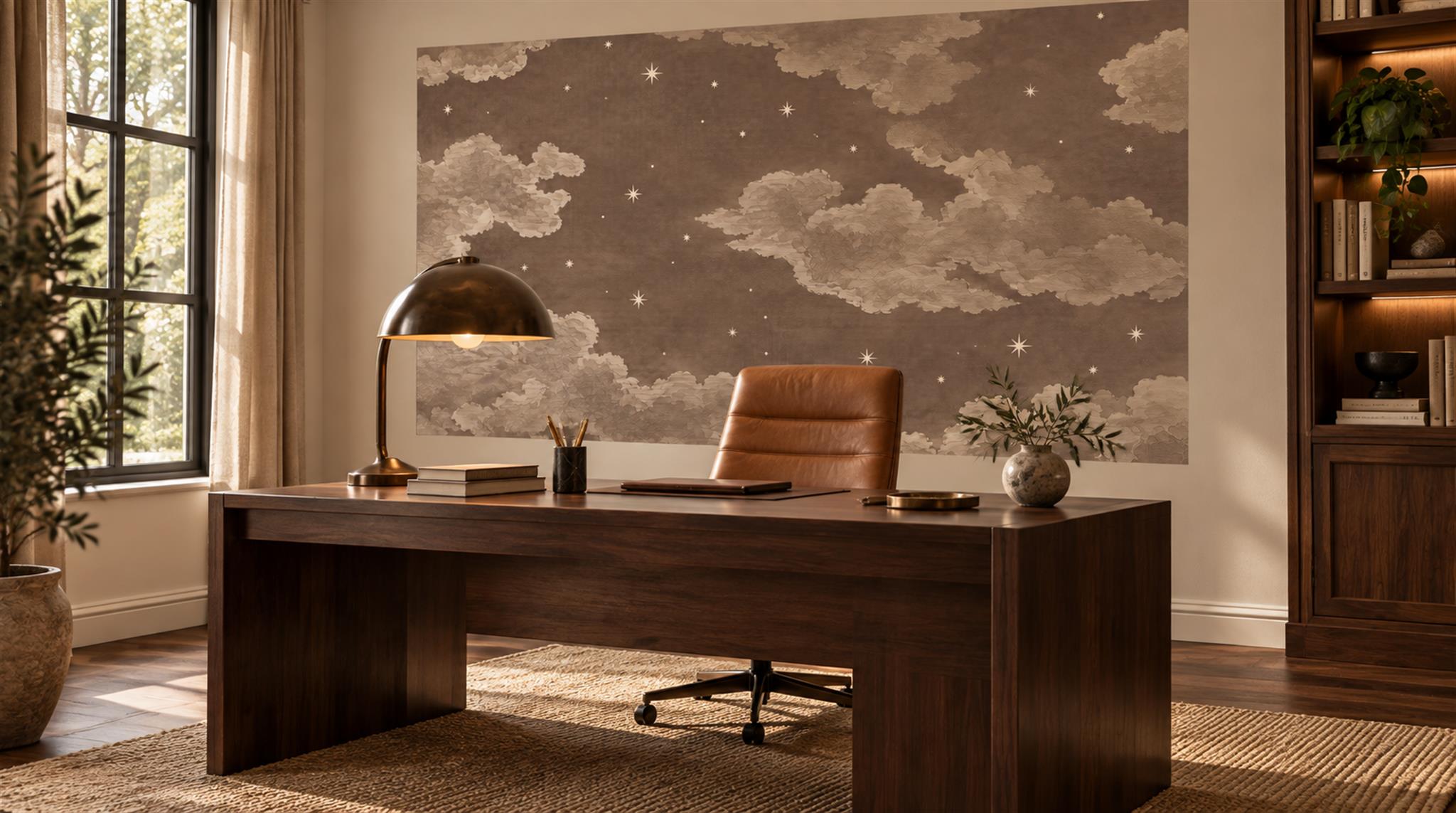 Red And Neutral Decorative Patterning Wallpaper Mural Layered Hand Home-office-wallpaper-murals, Shown In A Home Office, Peel-and-stick Finish