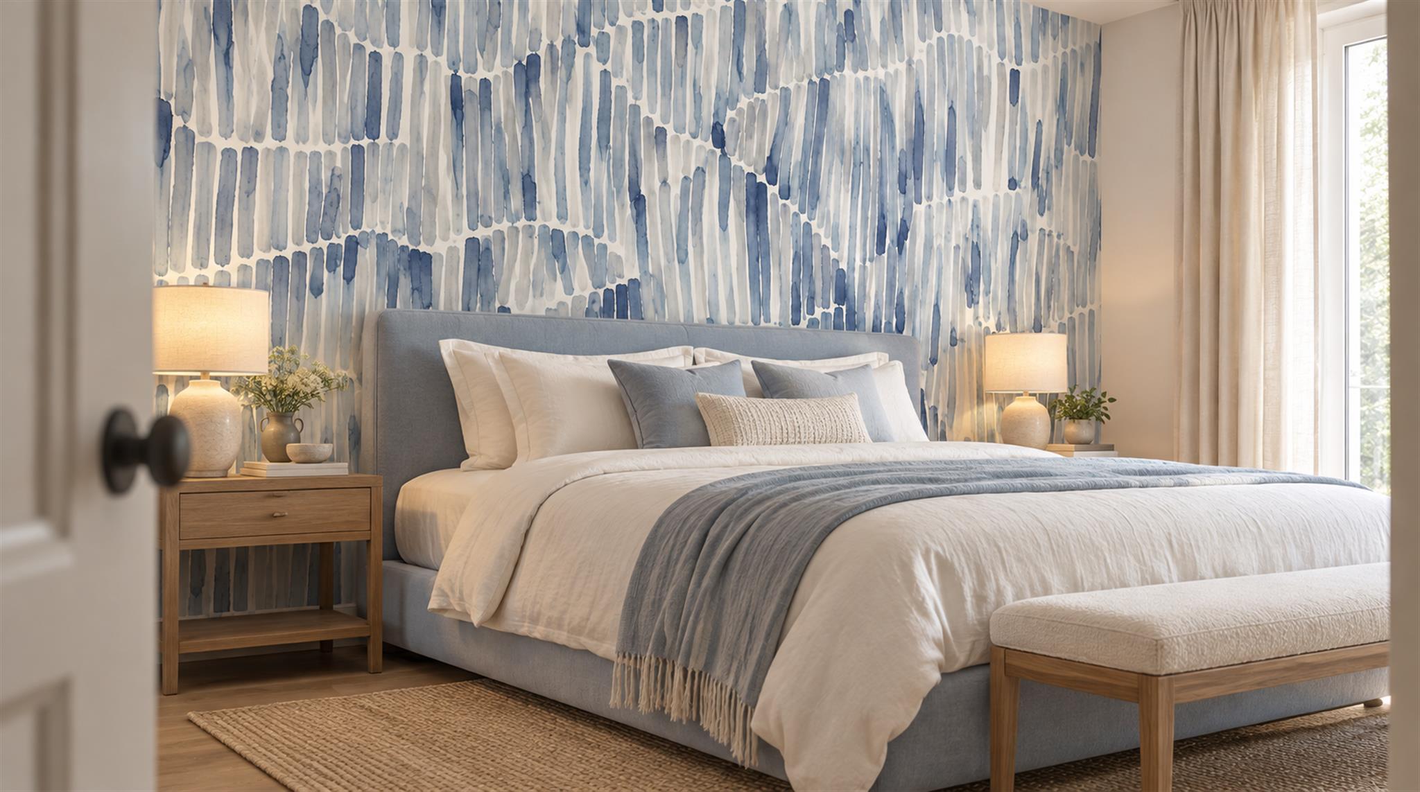 Red And Blue Decorative Patterning Illustrated Wallpaper Mural Feature-wall-wallpaper-murals, Peel-and-stick Finish
