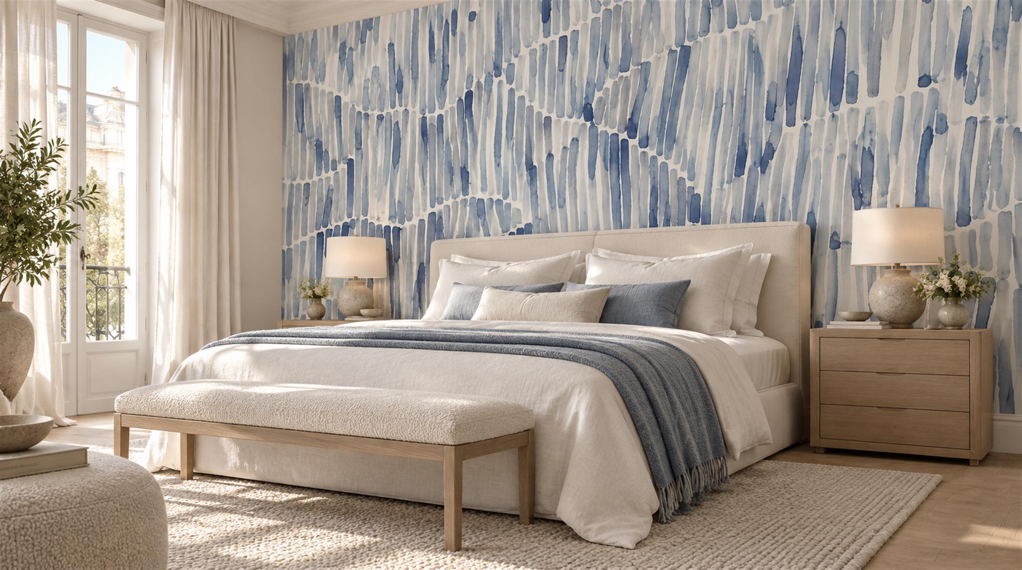 Red And Blue Decorative Patterning Illustrated Wallpaper Mural Bedroom-wallpaper-murals, Peel-and-stick Finish