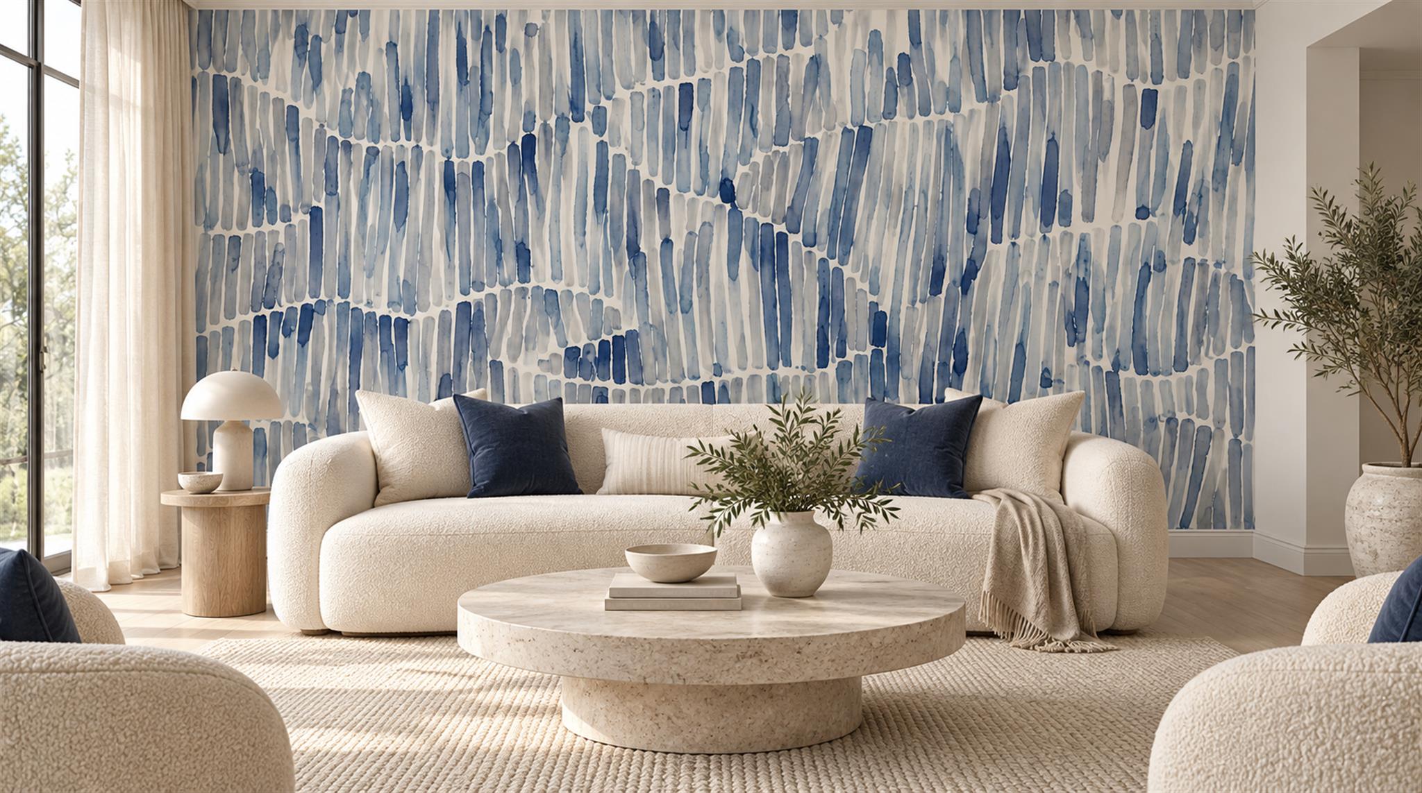 Red And Blue Decorative Patterning Illustrated Wallpaper Mural Living-room-wallpaper-murals, Shown In A Living Room, Peel-and-stick Finish