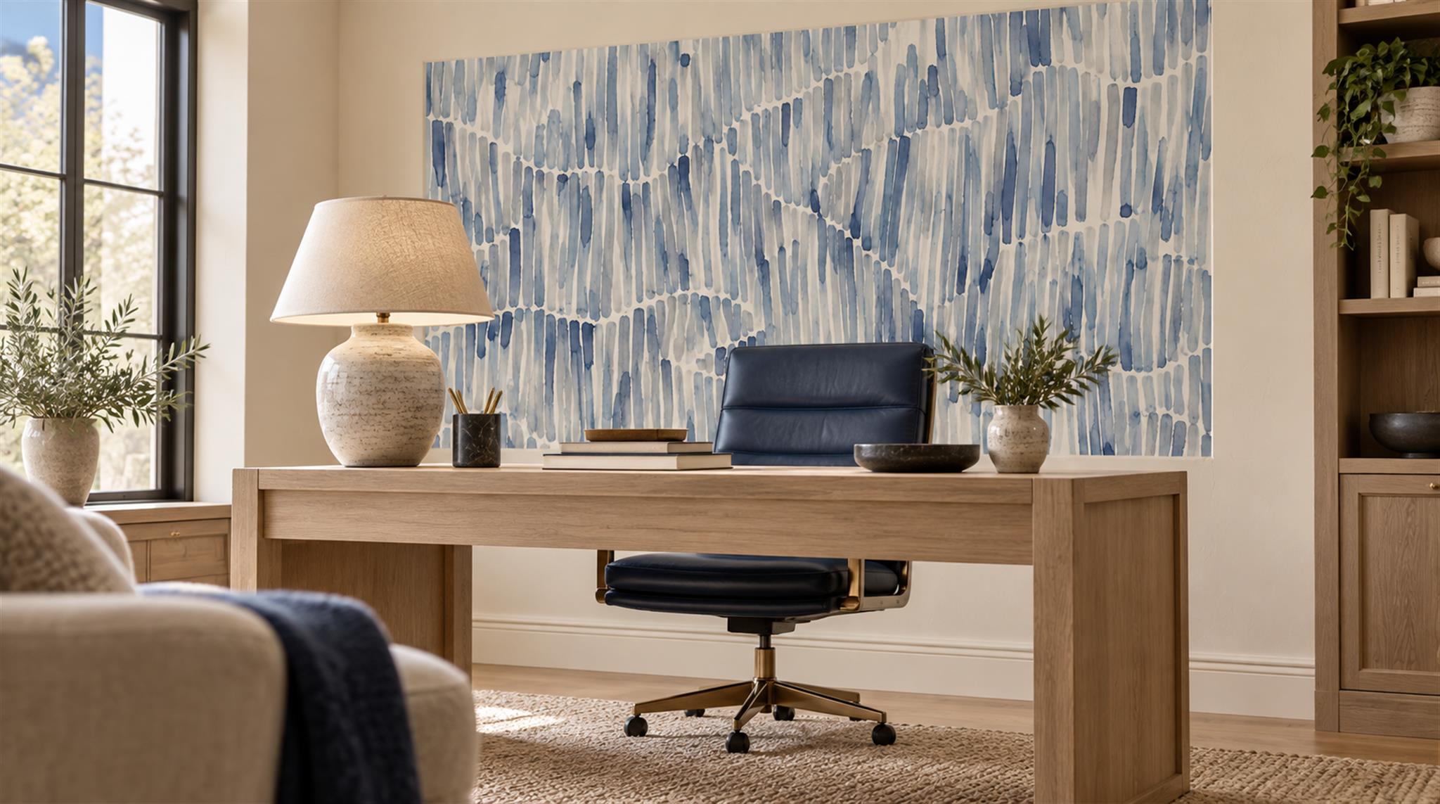 Red And Blue Decorative Patterning Illustrated Wallpaper Mural Home-office-wallpaper-murals, Shown In A Home Office, Peel-and-stick Finish