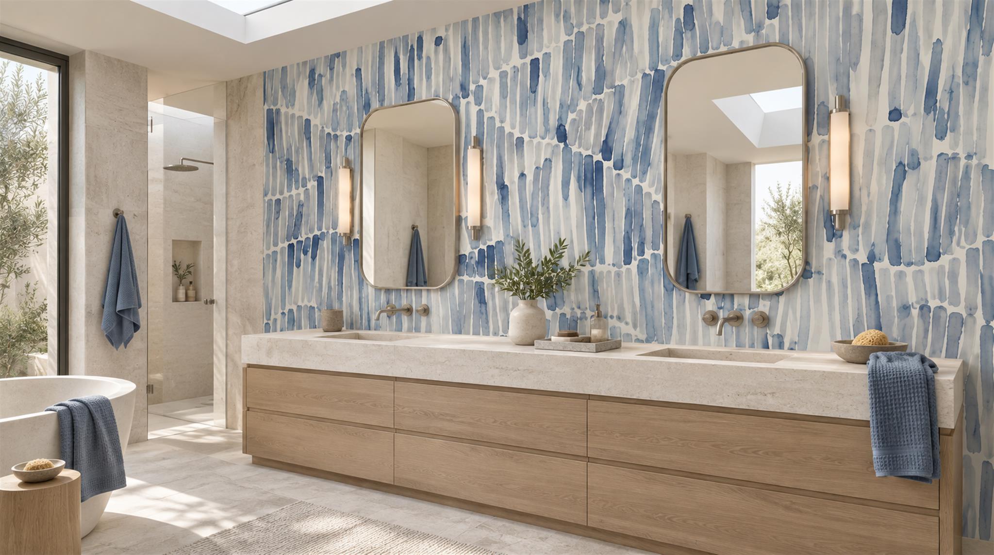 Red And Blue Decorative Patterning Illustrated Wallpaper Mural Spa-wallpaper-murals, Peel-and-stick Finish