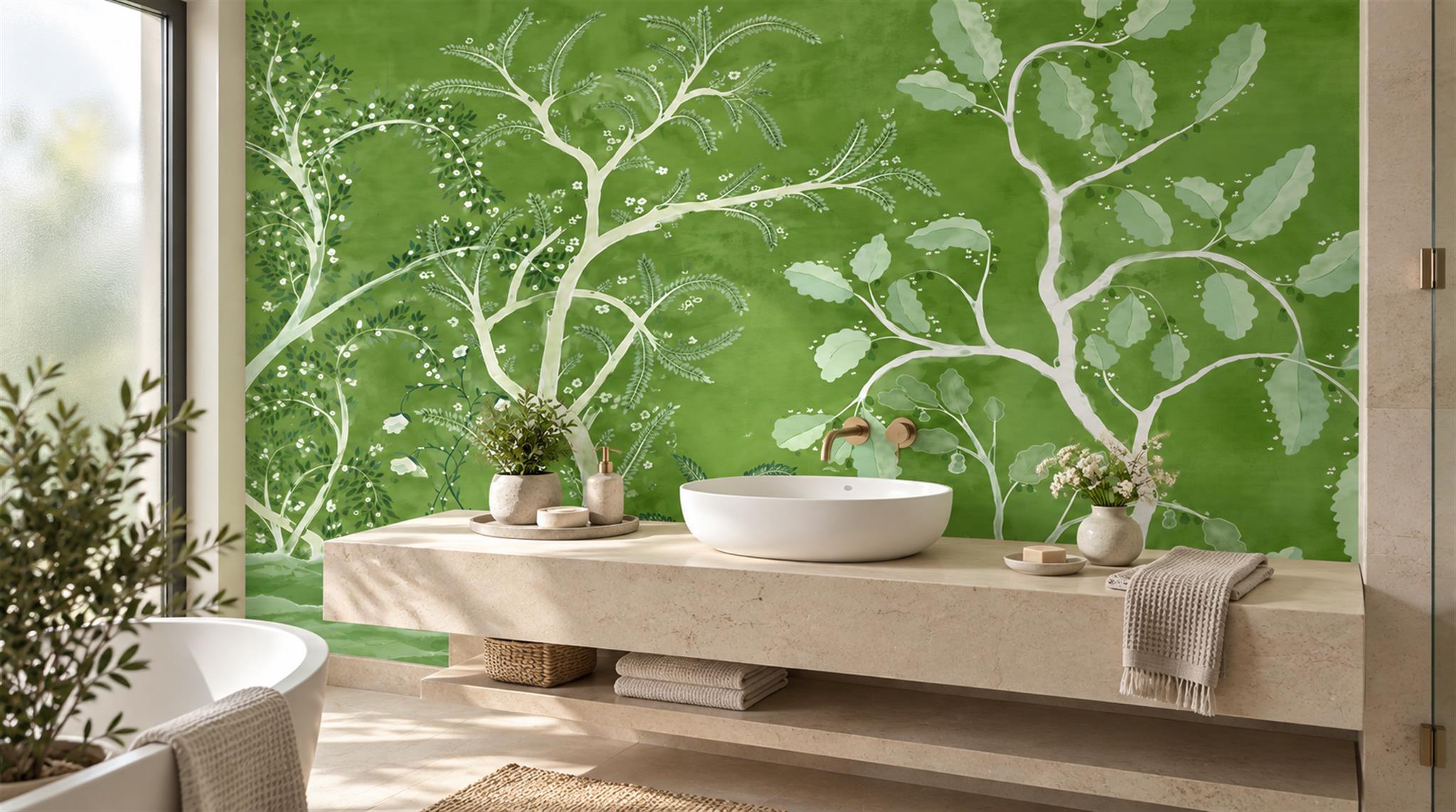 Red And Green Leaf Patterning Wallpaper Mural Accent-wall-wallpaper-murals, Peel-and-stick Finish