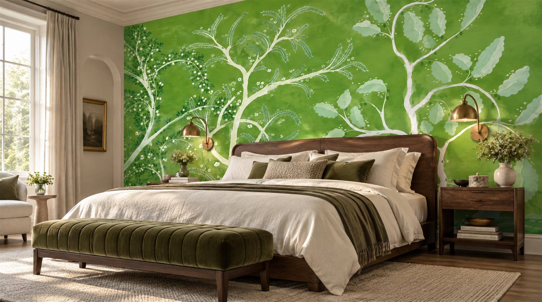 Red And Green Leaf Patterning Wallpaper Mural Bedroom-wallpaper-murals, Peel-and-stick Finish