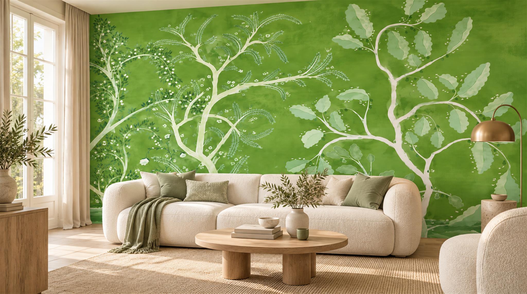Red And Green Leaf Patterning Wallpaper Mural Living-room-wallpaper-murals, Shown In A Living Room, Peel-and-stick Finish