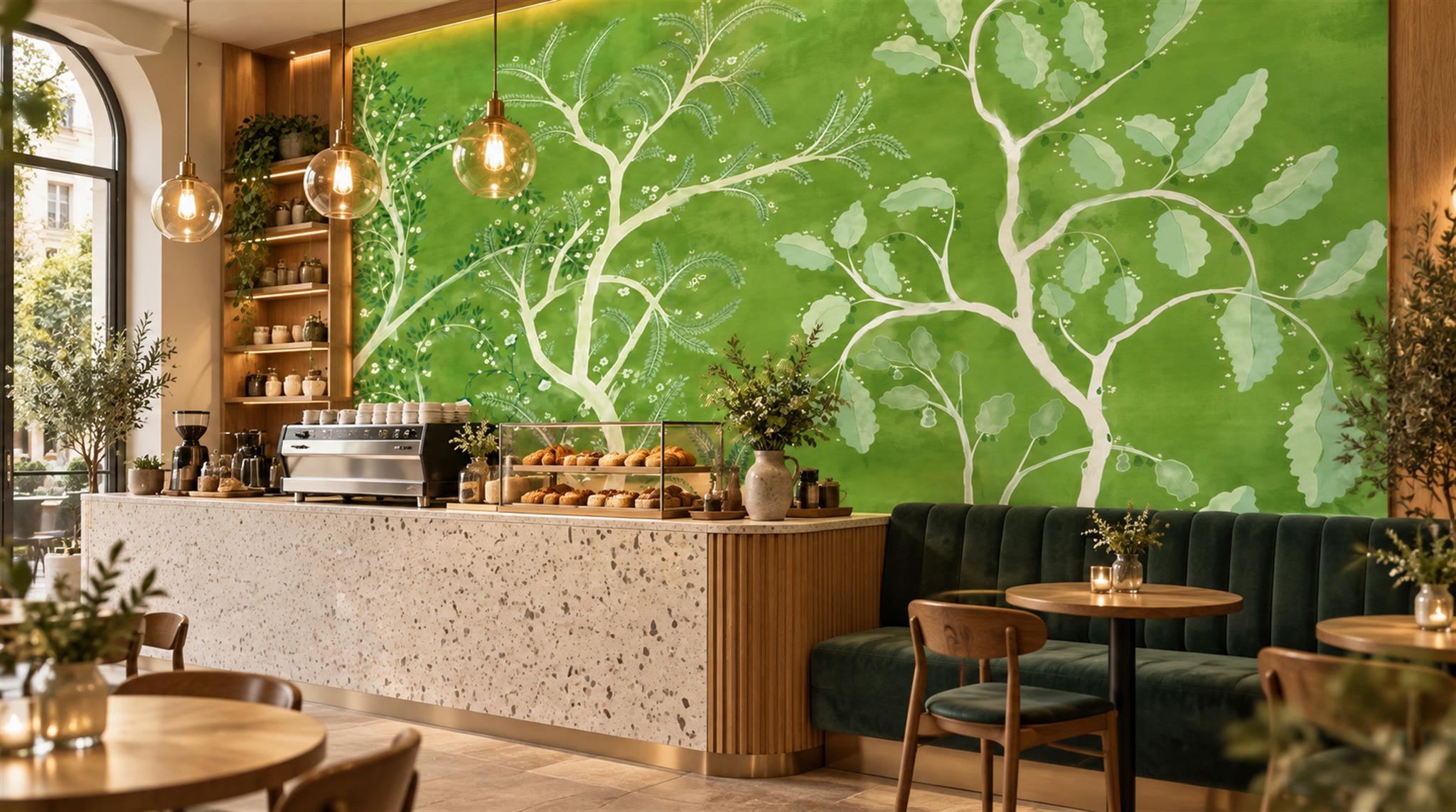 Red And Green Leaf Patterning Wallpaper Mural Cafe-wallpaper-murals, Peel-and-stick Finish