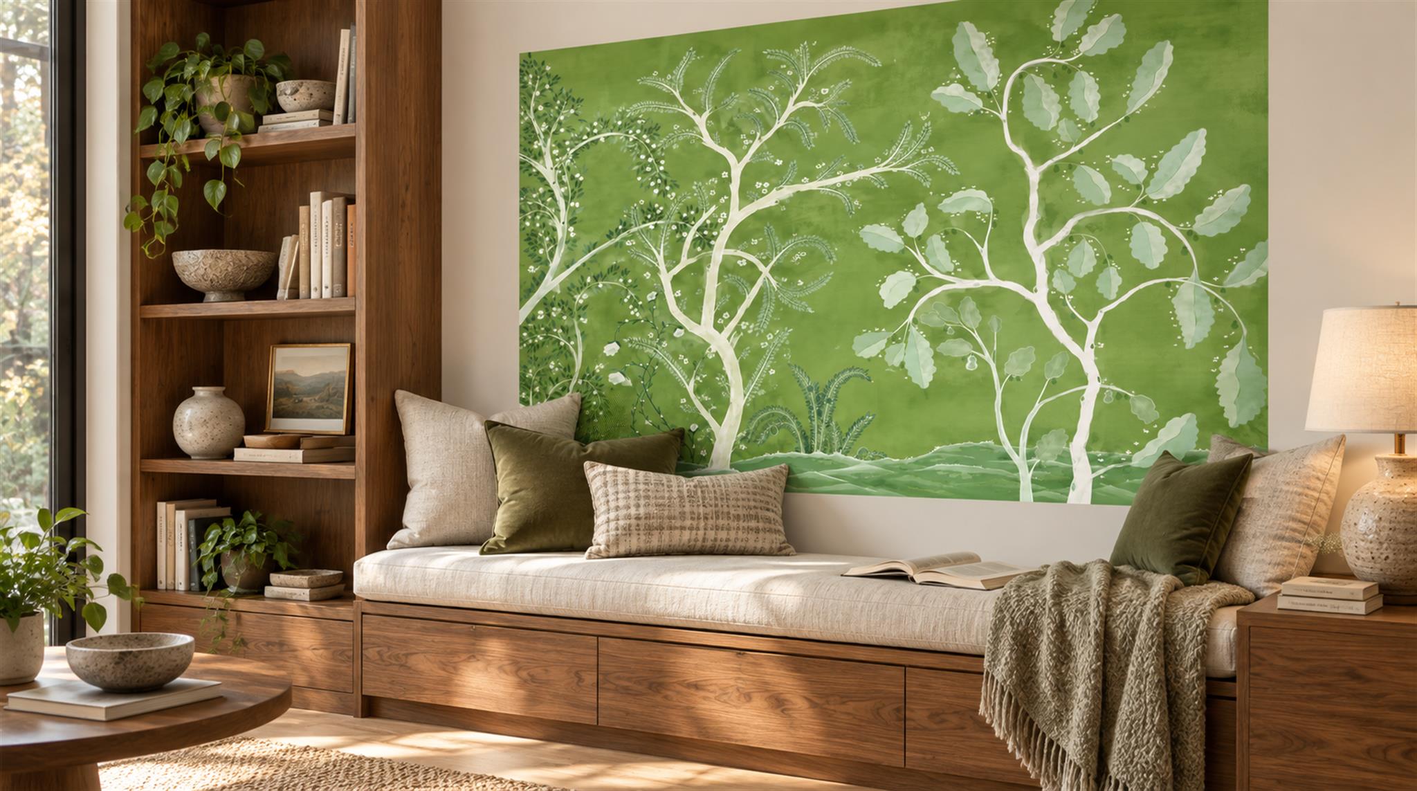 Red And Green Leaf Patterning Wallpaper Mural Cafe-wallpaper-murals, Peel-and-stick Finish