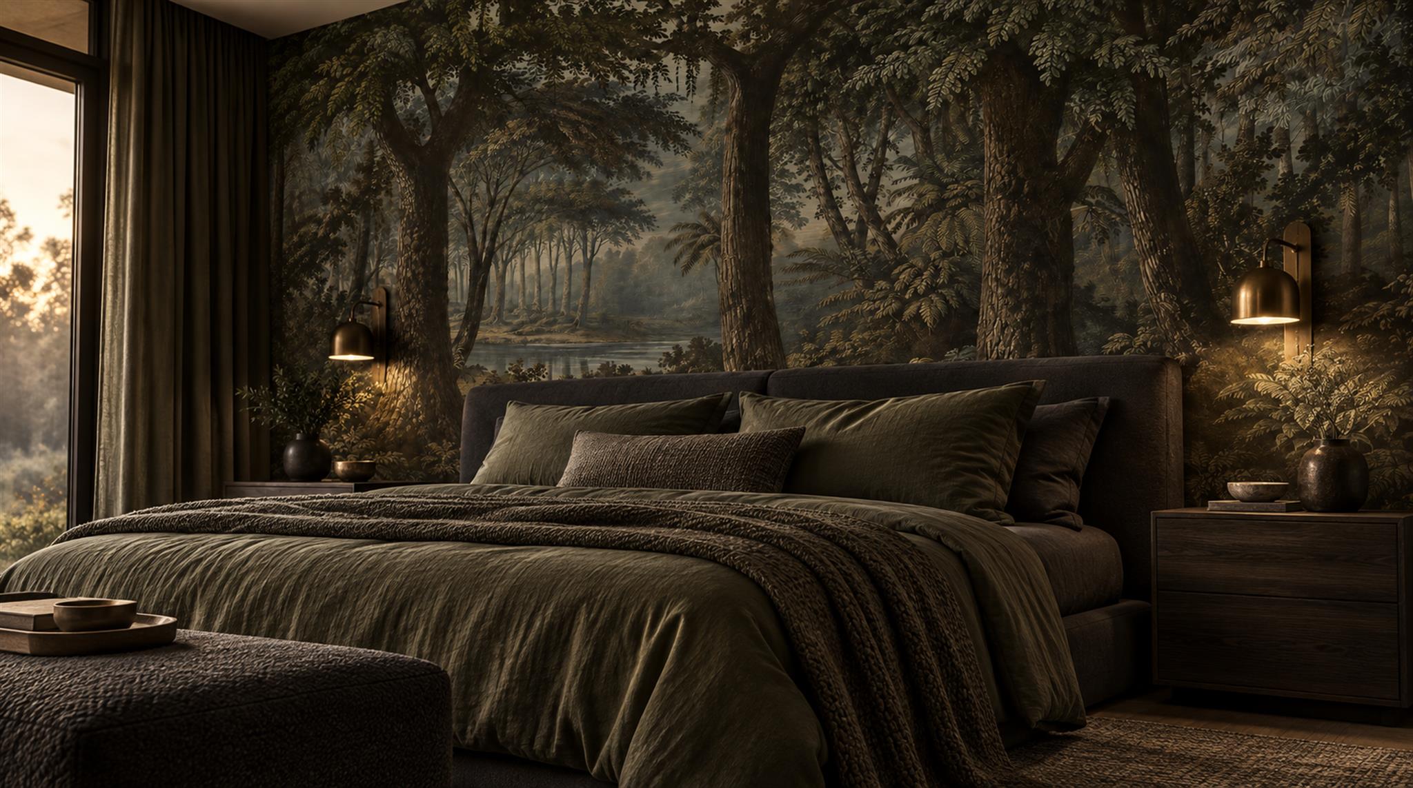 Dark Woodland Path Wallpaper Mural — Installed Wallpaper Mural In A Bedroom, Peel-and-stick Finish