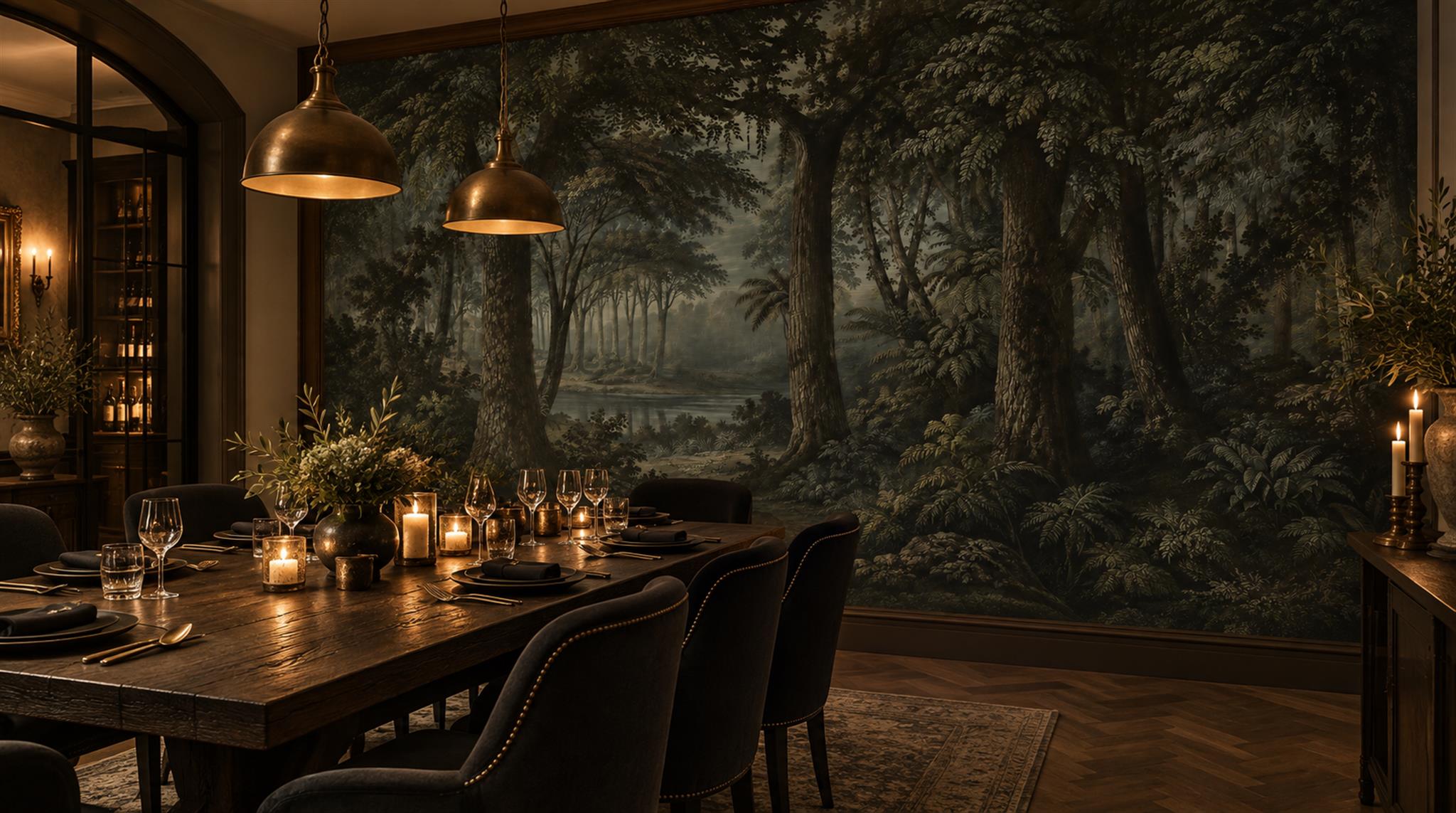 Neutral Woodland Trees Wallpaper Mural Dining-room-wallpaper-murals, Shown In A Dining Room, Peel-and-stick Finish