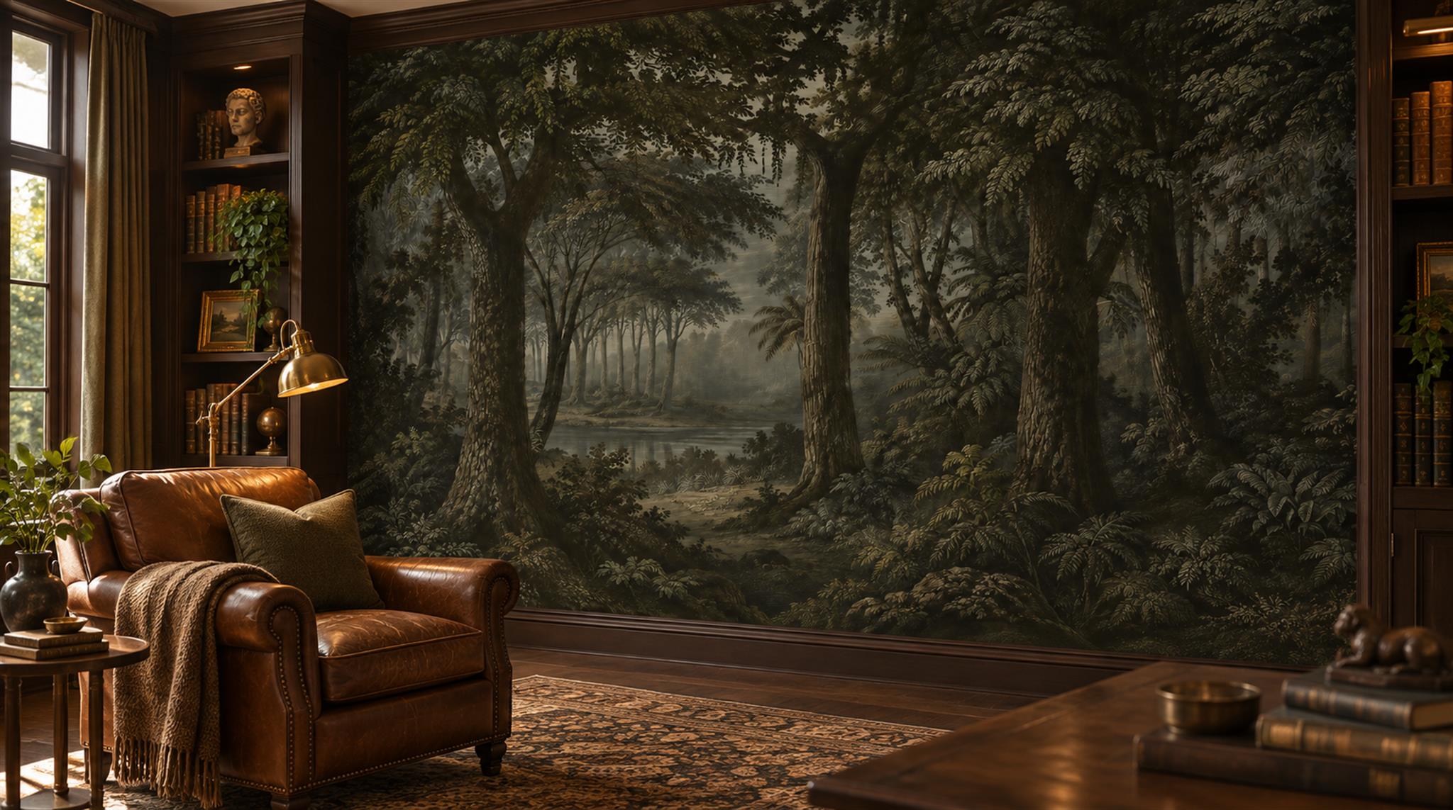 Neutral Woodland Trees Wallpaper Mural Library-wallpaper-murals, Peel-and-stick Finish