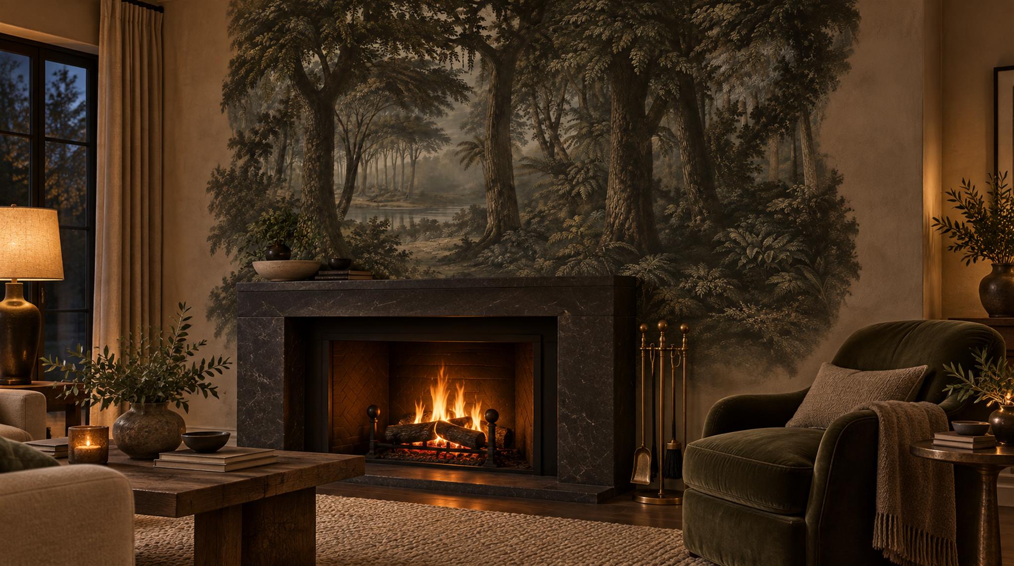 Neutral Woodland Trees Wallpaper Mural Accent-wall-wallpaper-murals, Peel-and-stick Finish