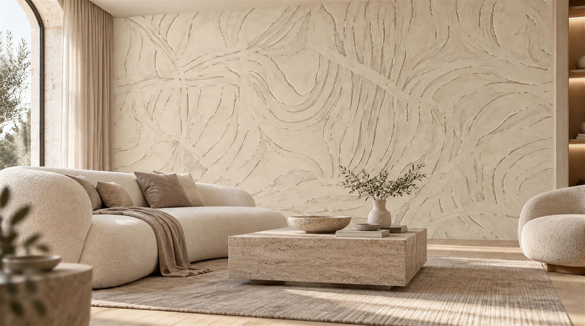 Ivory And Neutral Abstract Forms Layered Wallpaper Mural Entryway-wallpaper-murals, Peel-and-stick Finish