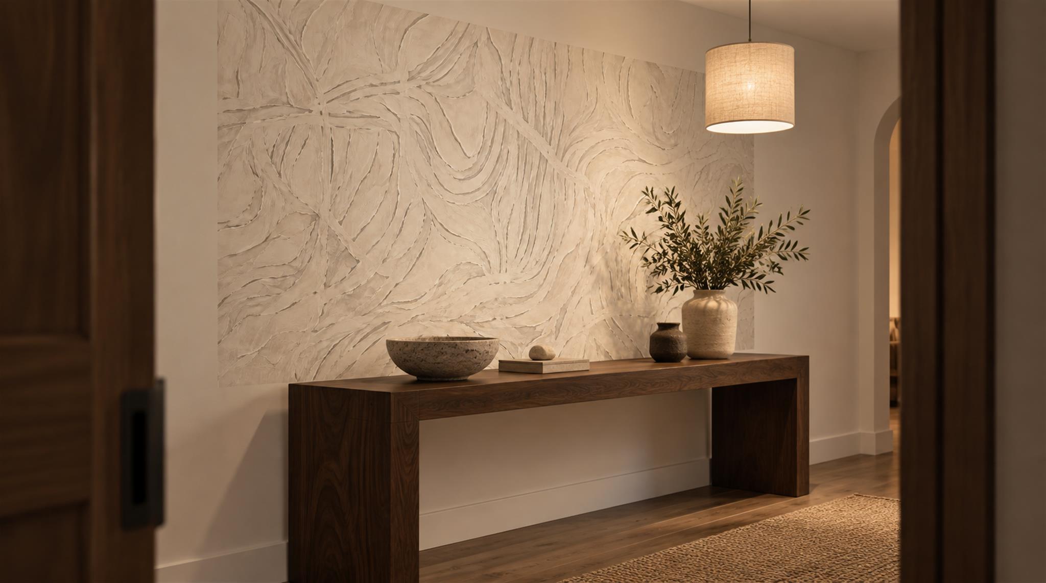 Ivory And Neutral Abstract Forms Layered Wallpaper Mural Living-room-wallpaper-murals, Shown In A Living Room, Peel-and-stick Finish
