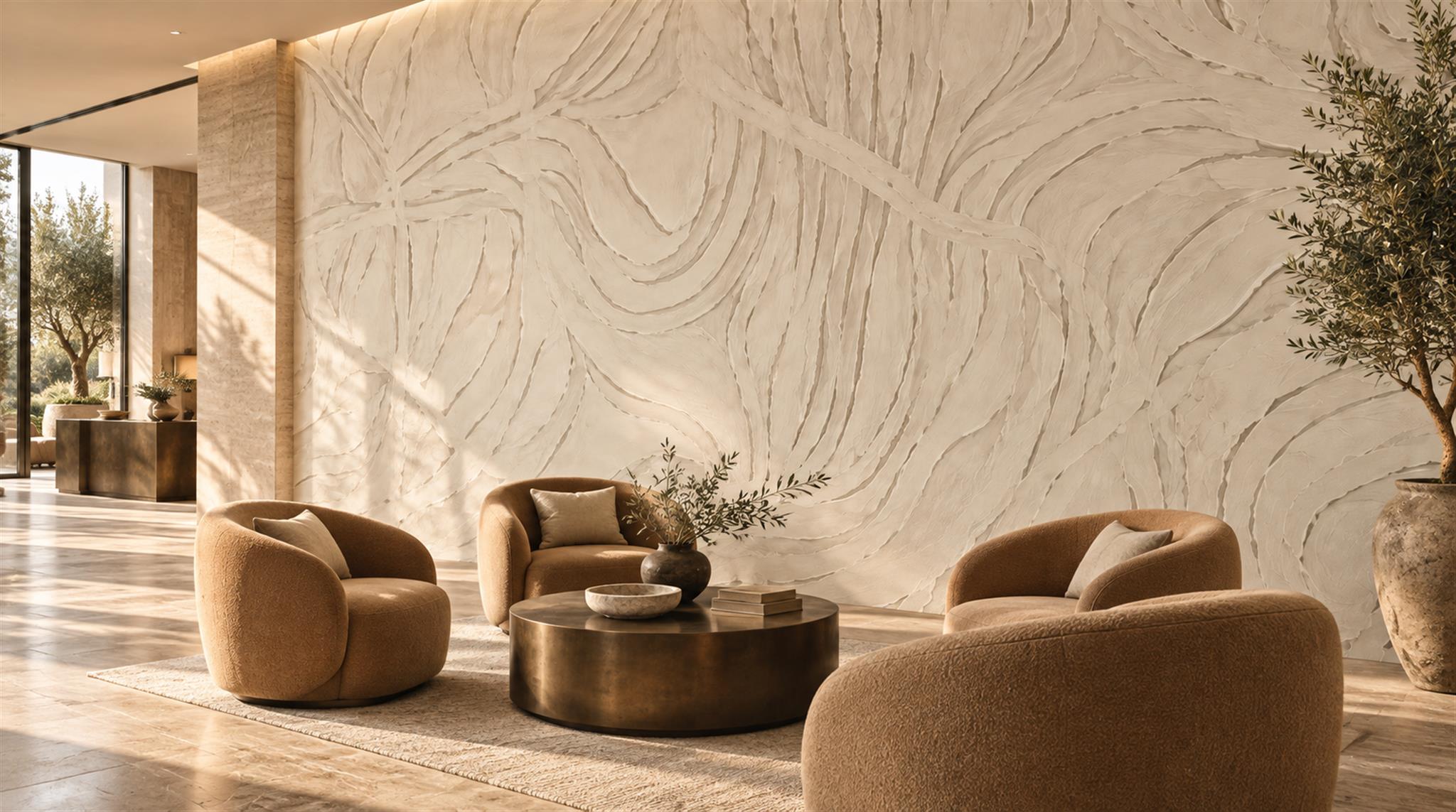 Ivory And Neutral Abstract Forms Layered Wallpaper Mural Accent-wall-wallpaper-murals, Peel-and-stick Finish