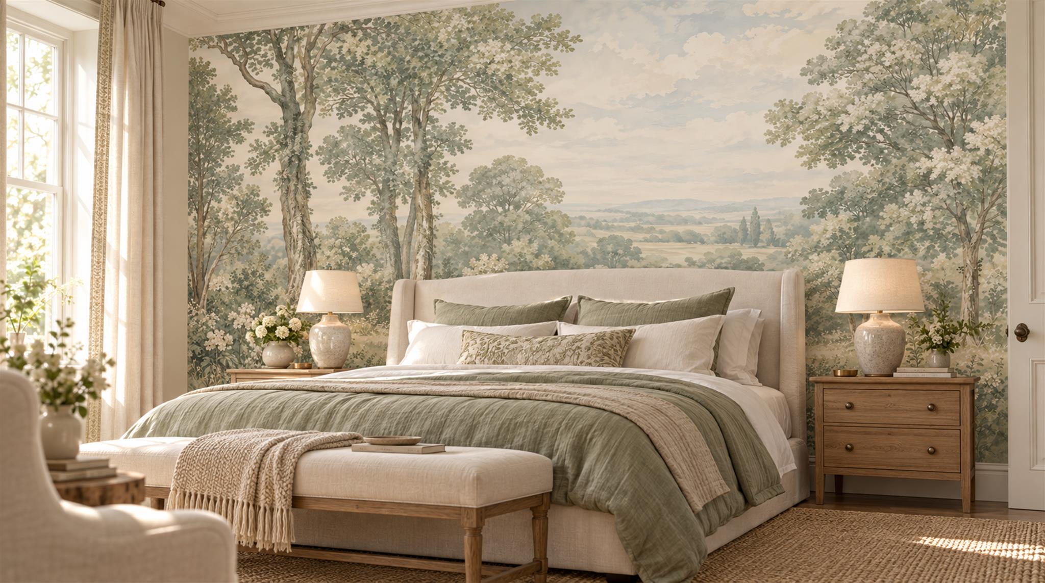 Sage Green And Neutral A Painterly Scenic Bedroom-wallpaper-murals, Peel-and-stick Finish