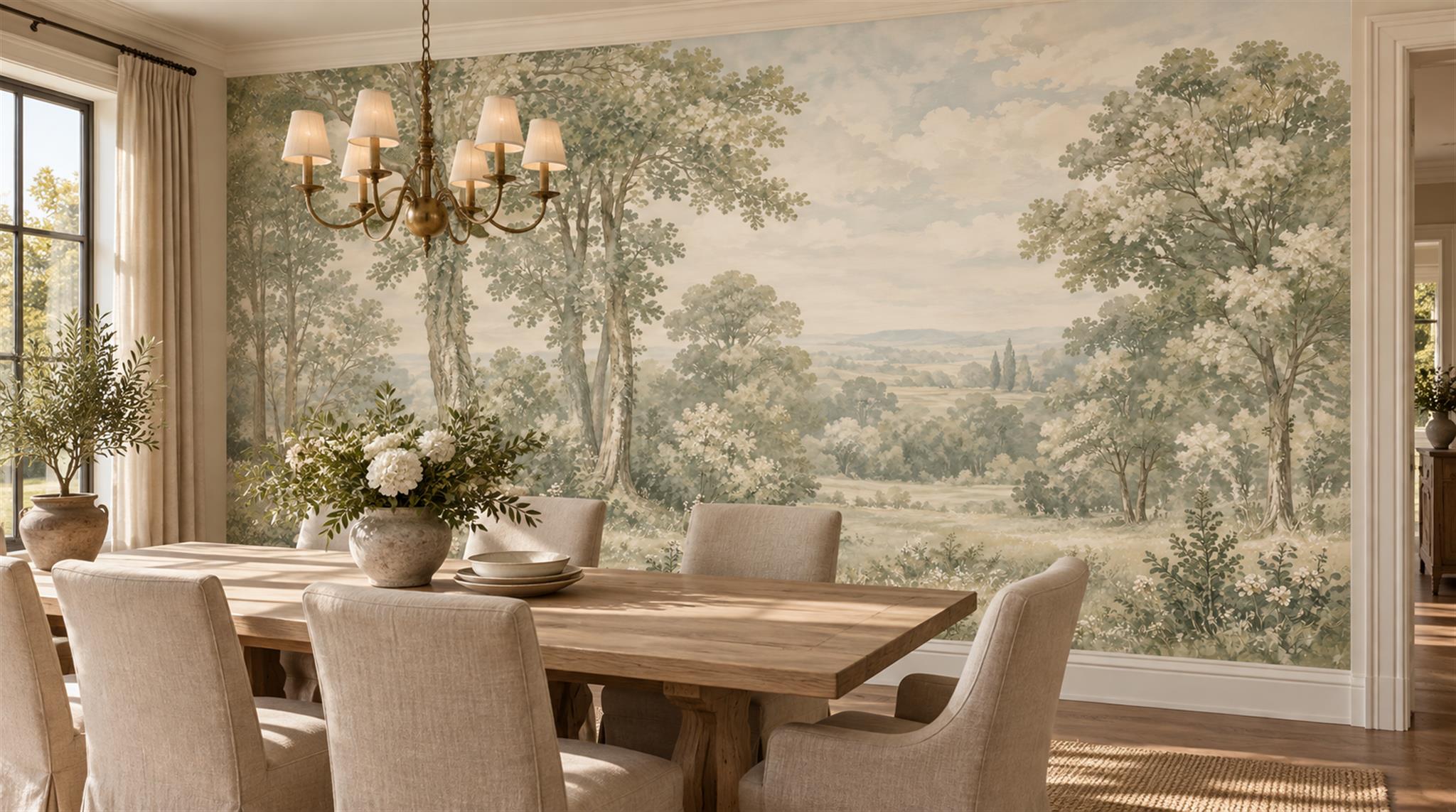 Sage Green And Neutral A Painterly Scenic Dining-room-wallpaper-murals, Shown In A Dining Room, Peel-and-stick Finish