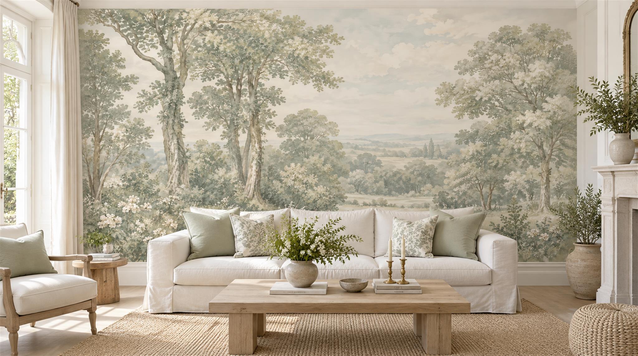 Pale Sage Watercolour Meadow With Scattered Trees Wallpaper Mural — Wallpaper Mural Design, Peel-and-stick Finish