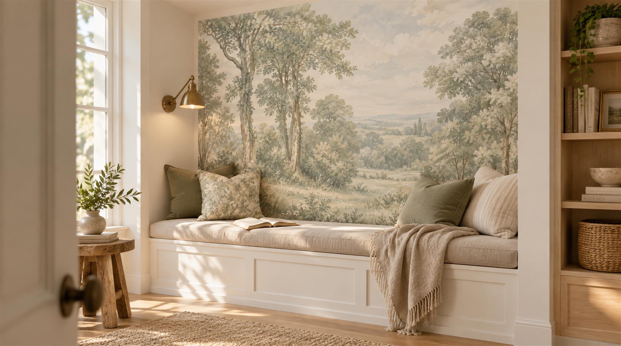 Sage Green And Neutral A Painterly Scenic Accent-wall-wallpaper-murals, Peel-and-stick Finish