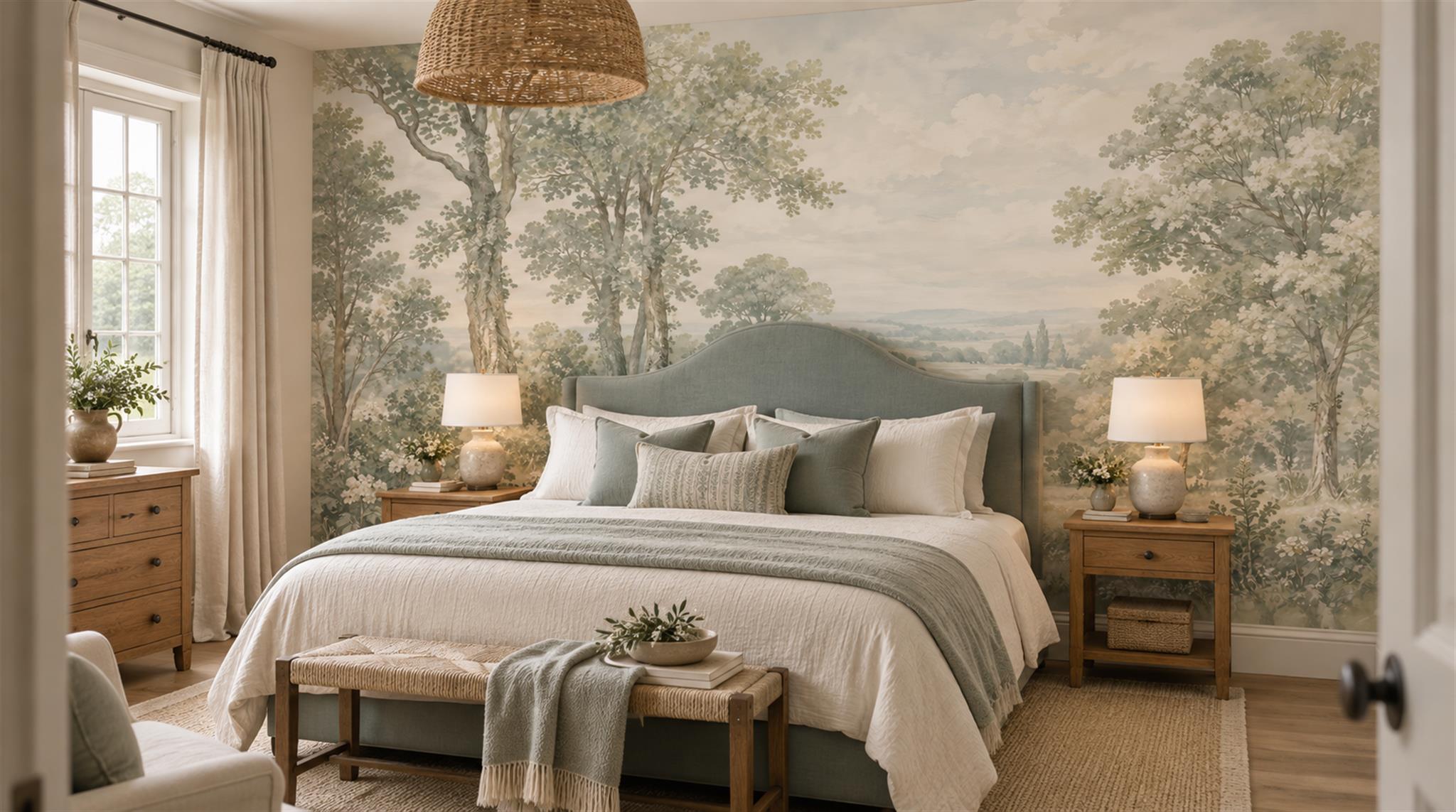 Sage Green And Neutral A Painterly Scenic Feature-wall-wallpaper-murals, Peel-and-stick Finish