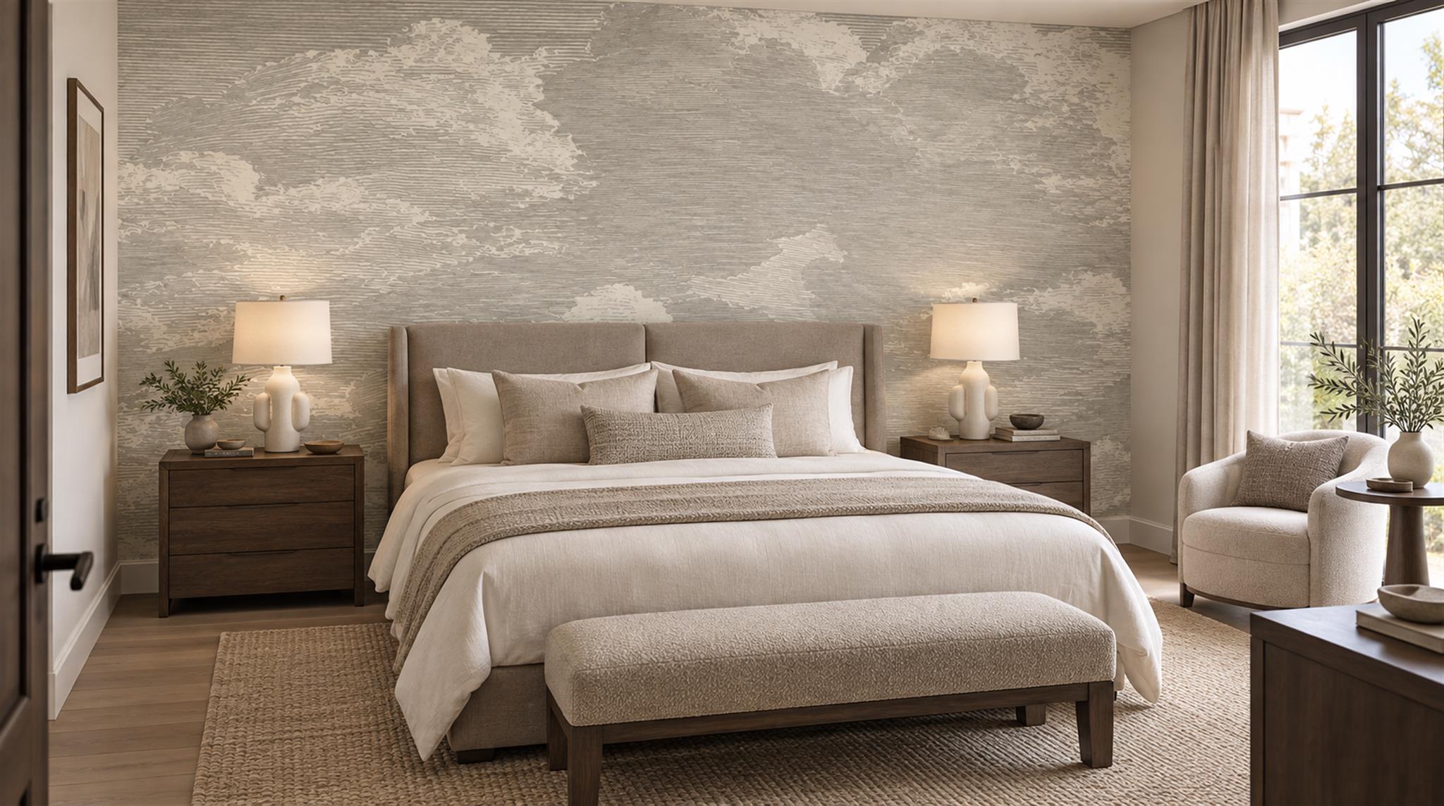 Grey And Neutral Decorative Patterning Wallpaper Mural Feature-wall-wallpaper-murals, Peel-and-stick Finish