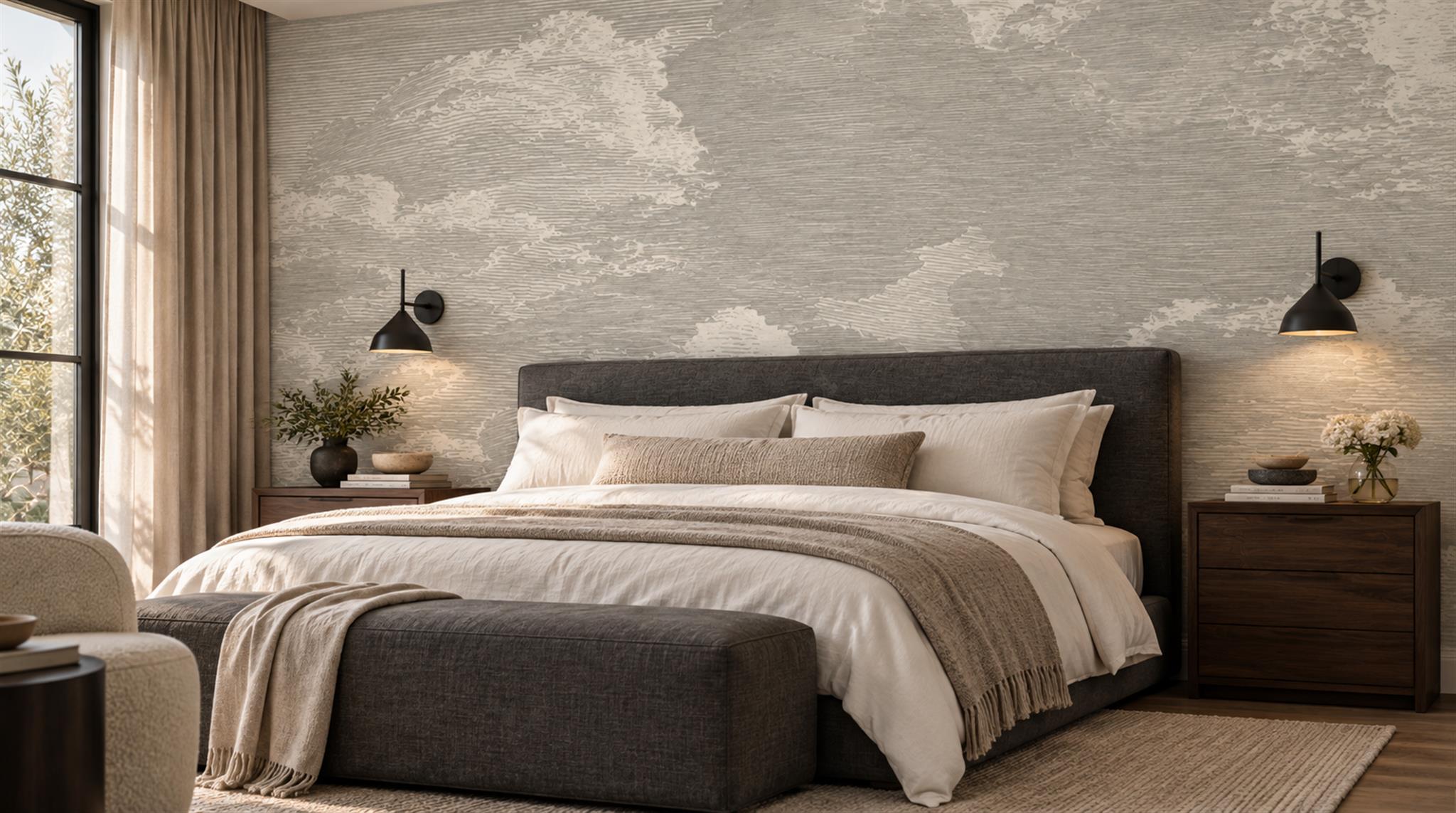 Grey And Neutral Decorative Patterning Wallpaper Mural Bedroom-wallpaper-murals, Peel-and-stick Finish