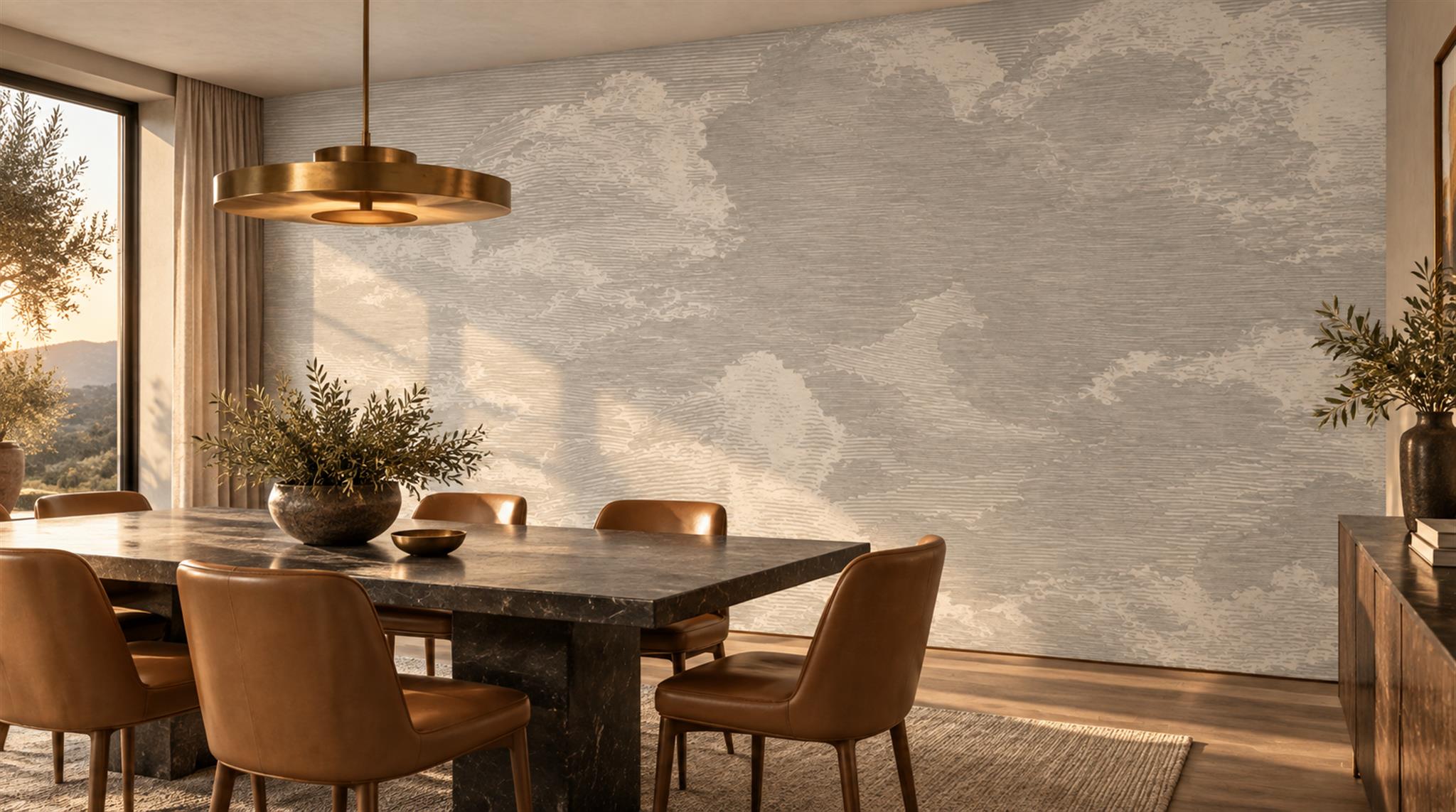 Grey And Neutral Decorative Patterning Wallpaper Mural Dining-room-wallpaper-murals, Shown In A Dining Room, Peel-and-stick Finish