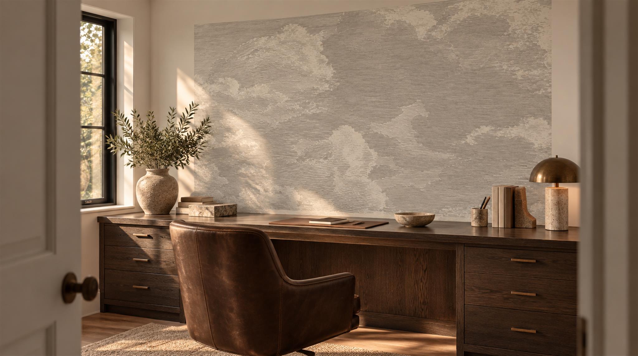 Grey And Neutral Decorative Patterning Wallpaper Mural Home-office-wallpaper-murals, Shown In A Home Office, Peel-and-stick Finish