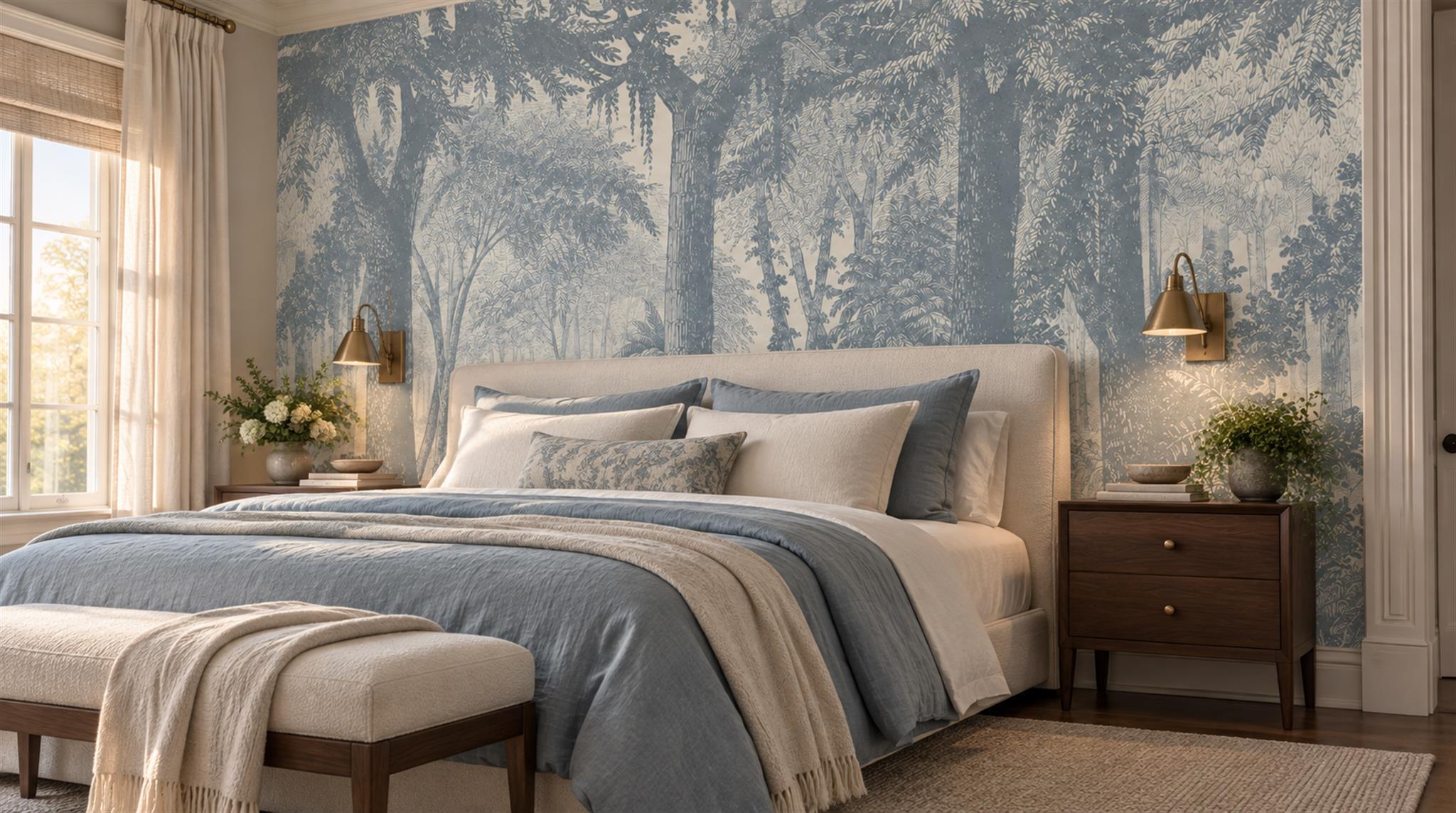 Blue And Neutral Woodland Trees Wallpaper Mural Bedroom-wallpaper-murals, Peel-and-stick Finish