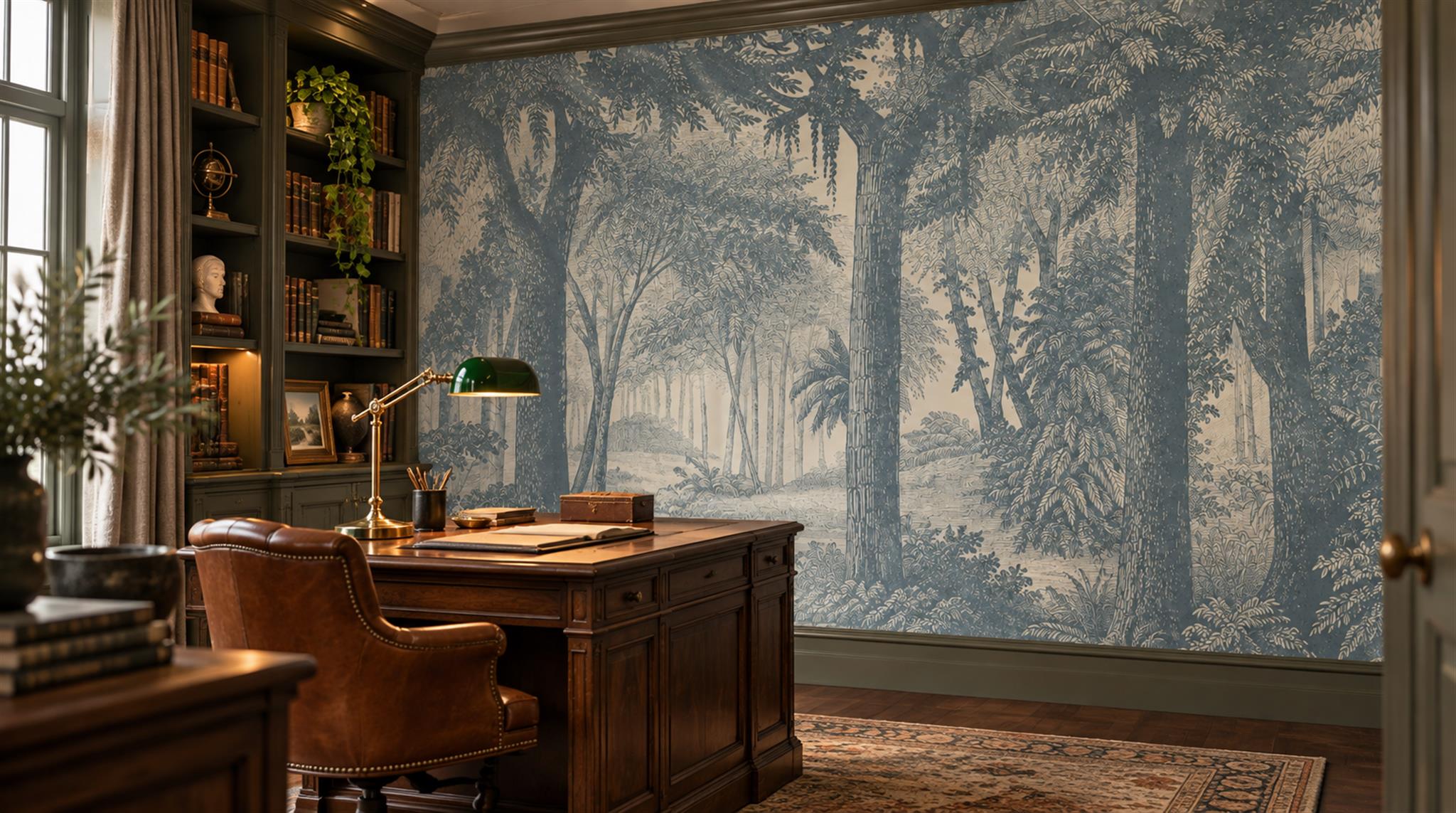 Blue And Neutral Woodland Trees Wallpaper Mural Library-wallpaper-murals, Peel-and-stick Finish