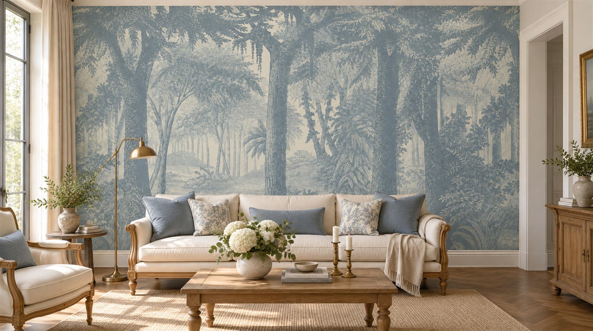 Blue And Neutral Woodland Trees Wallpaper Mural Living-room-wallpaper-murals, Shown In A Living Room, Peel-and-stick Finish
