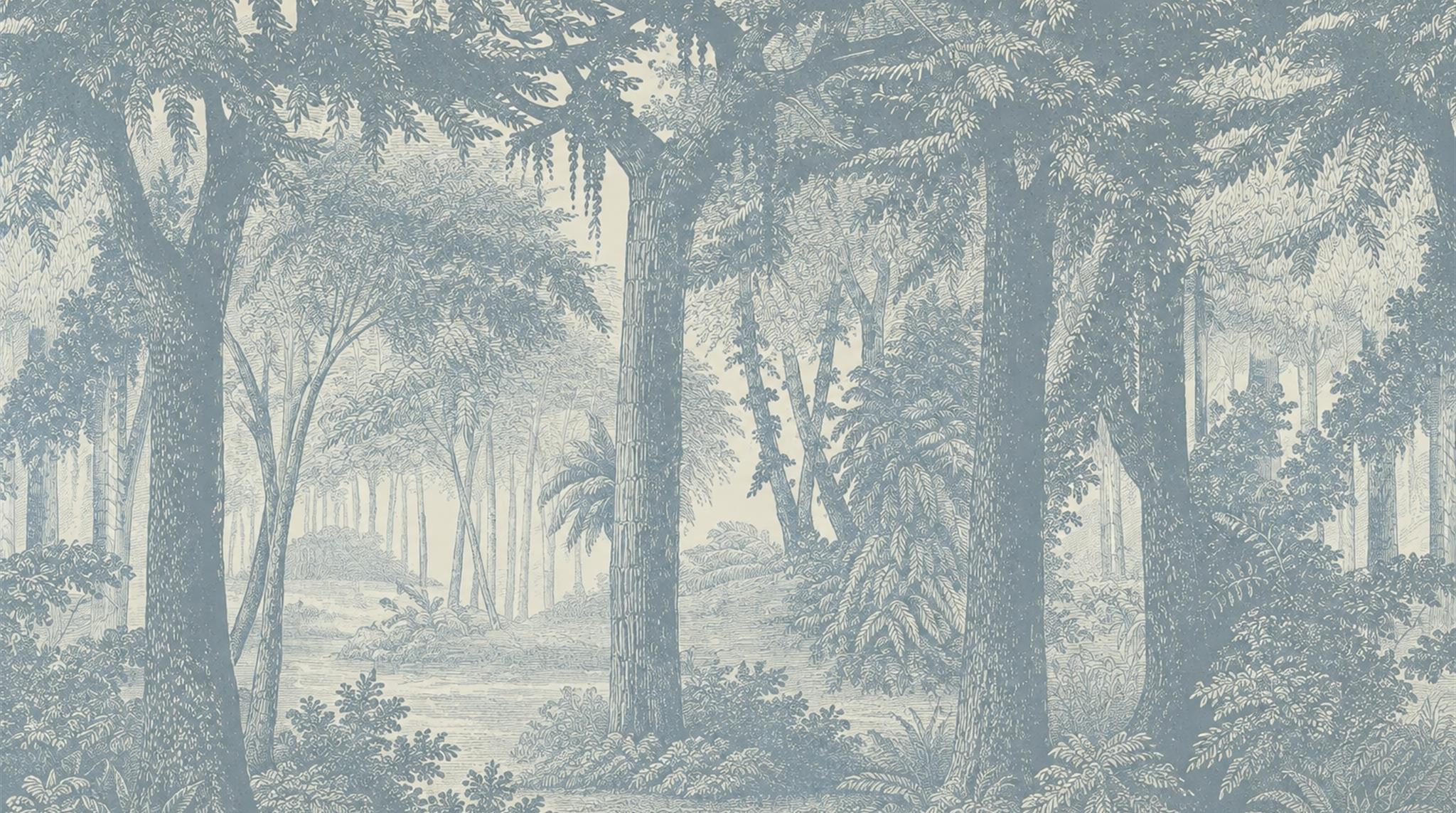 Misty Blue Woodland Landscape Wallpaper Mural — Wallpaper Mural Design, Peel-and-stick Finish