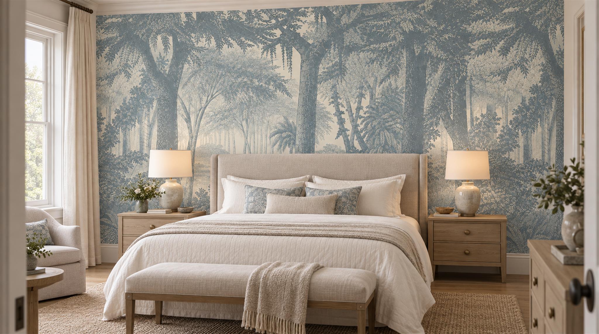 Blue And Neutral Woodland Trees Wallpaper Mural Accent-wall-wallpaper-murals, Peel-and-stick Finish