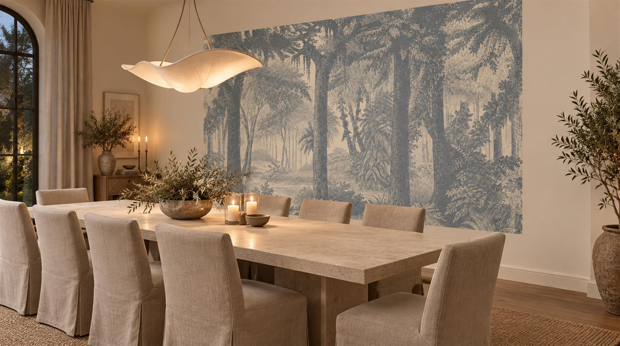 Blue And Neutral Woodland Trees Wallpaper Mural Library-wallpaper-murals, Peel-and-stick Finish