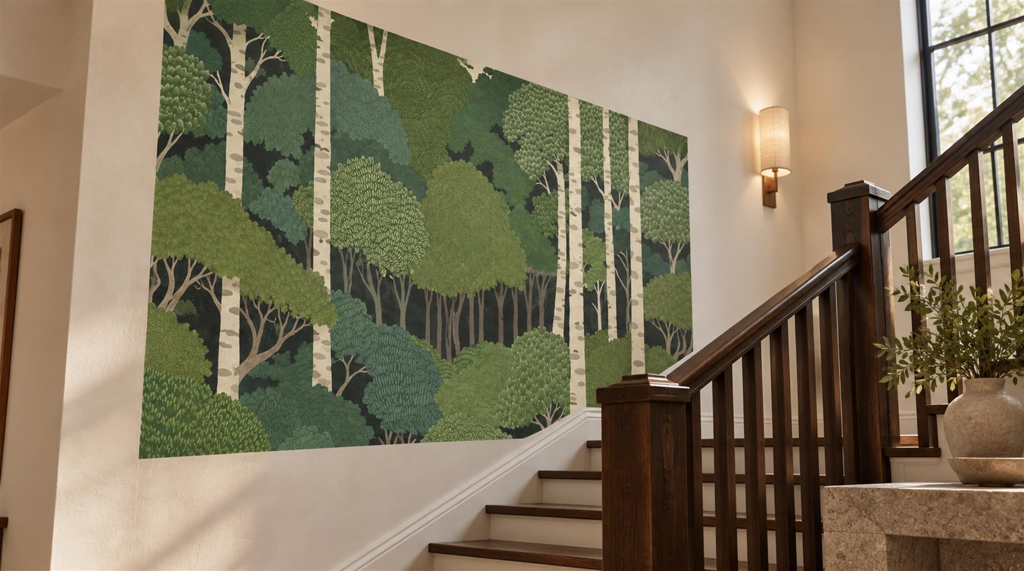 Green And Neutral Abstract Forms Decorative Wallpaper Mural Accent-wall-wallpaper-murals, Peel-and-stick Finish