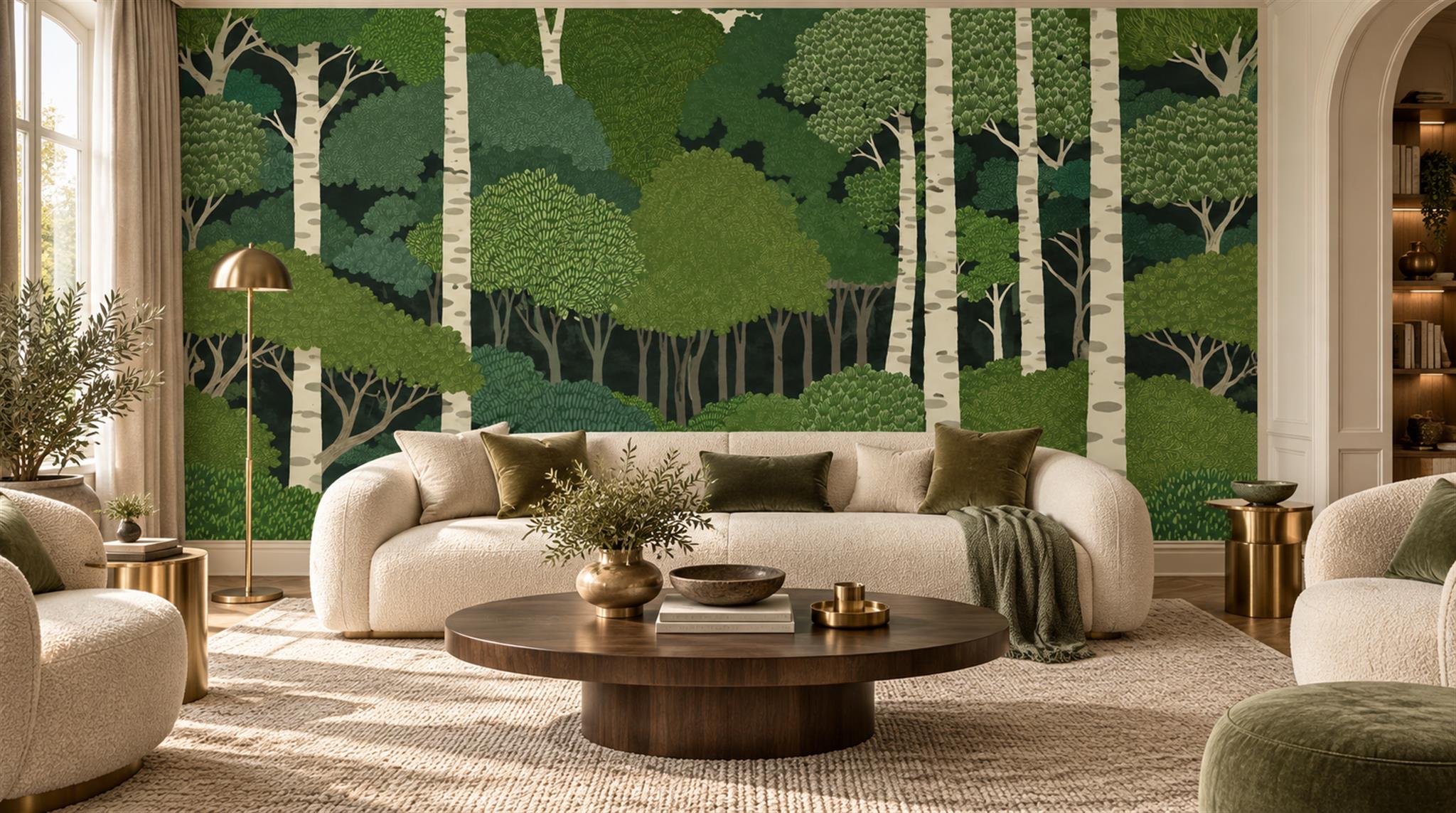 Green And Neutral Abstract Forms Decorative Wallpaper Mural Living-room-wallpaper-murals, Shown In A Living Room, Peel-and-stick Finish