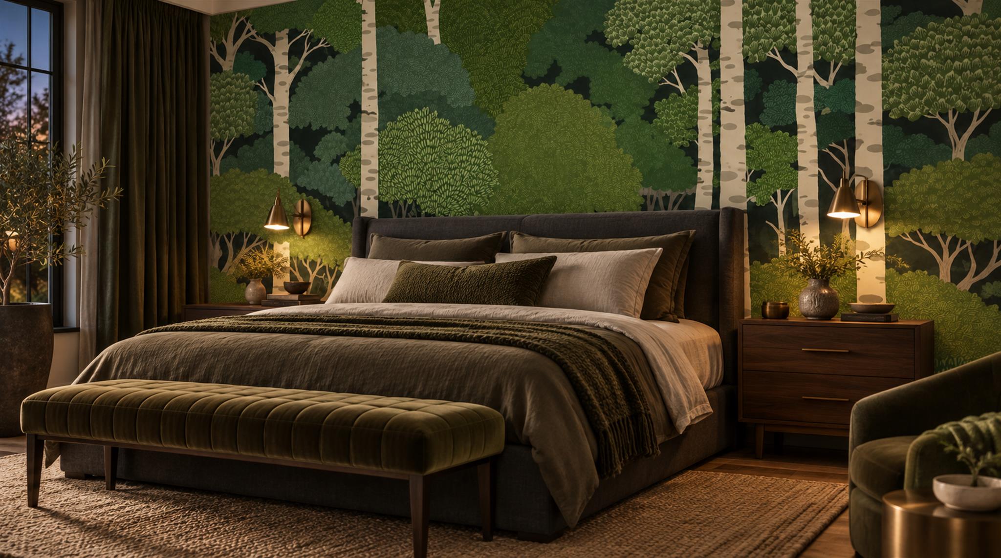 Green And Neutral Abstract Forms Decorative Wallpaper Mural Bedroom-wallpaper-murals, Peel-and-stick Finish