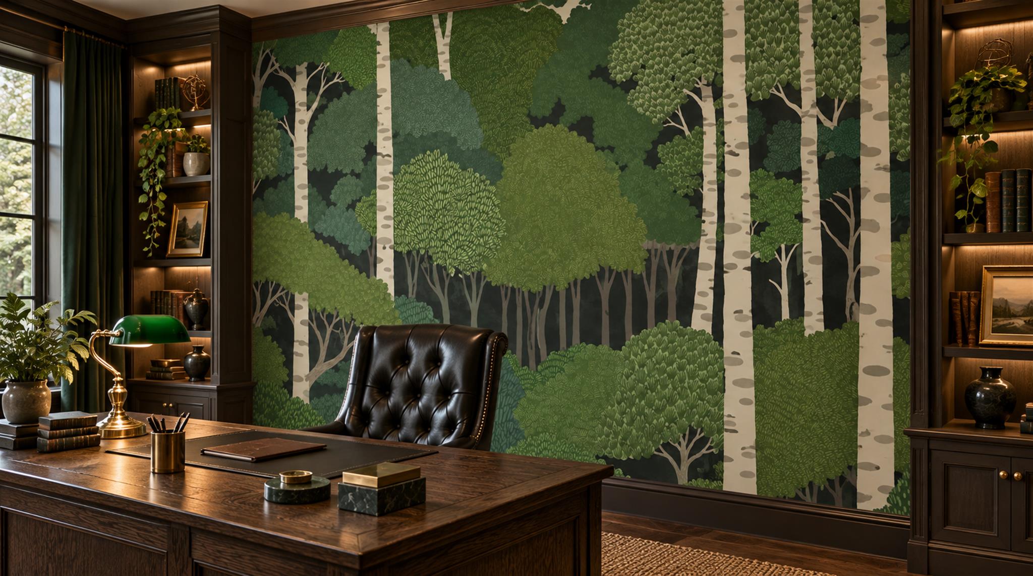 Green And Neutral Abstract Forms Decorative Wallpaper Mural Library-wallpaper-murals, Peel-and-stick Finish
