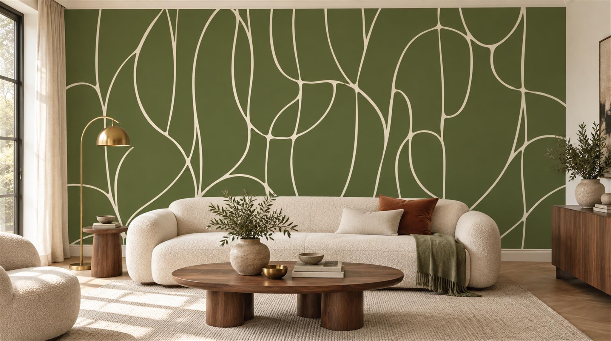 Olive And Neutral Abstract Forms Wallpaper Mural Living-room-wallpaper-murals, Shown In A Living Room, Peel-and-stick Finish