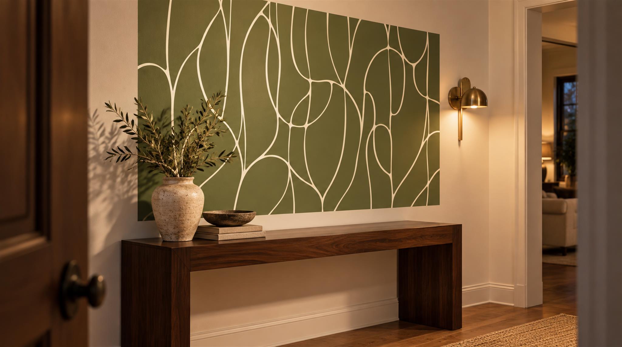 Olive And Neutral Abstract Forms Wallpaper Mural Entryway-wallpaper-murals, Peel-and-stick Finish
