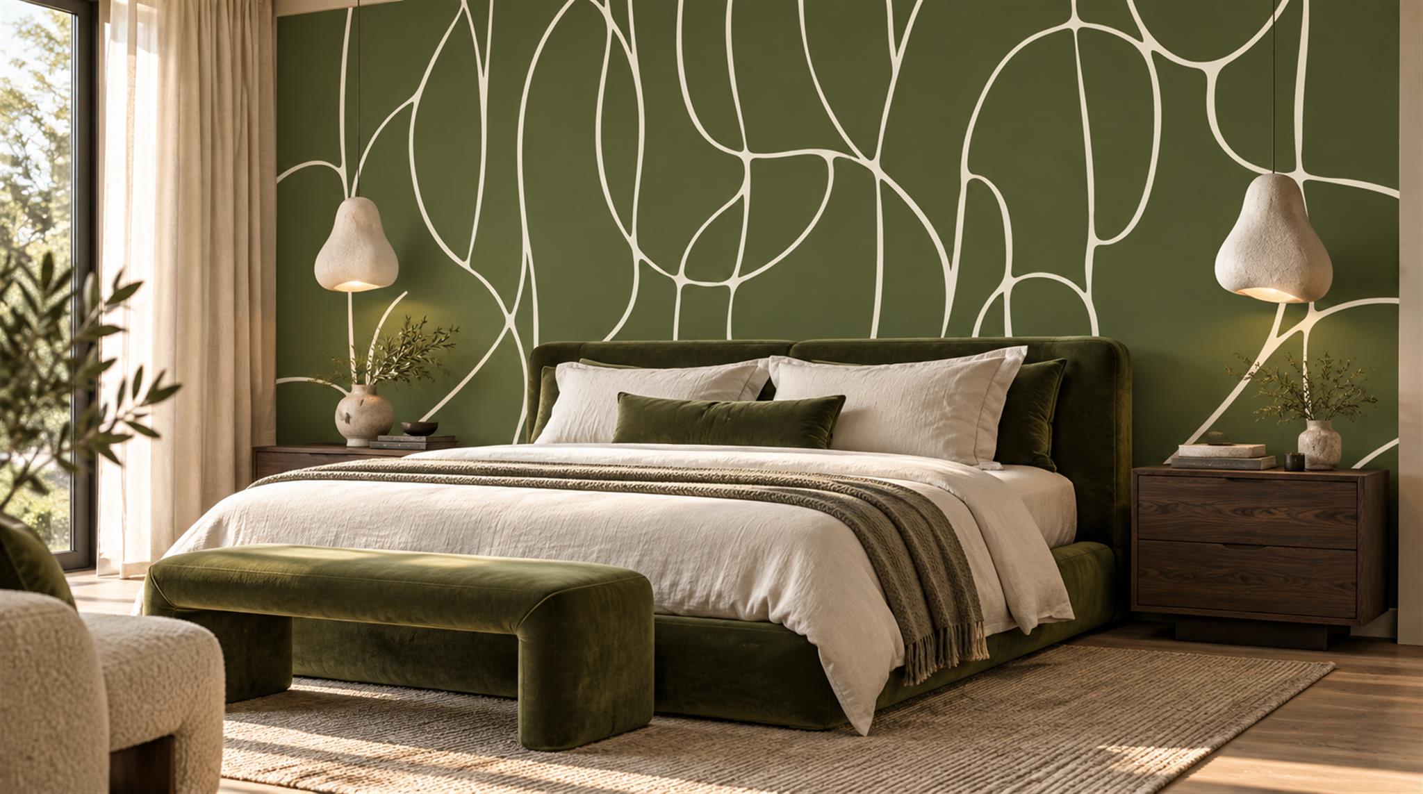 Olive And Neutral Abstract Forms Wallpaper Mural Bedroom-wallpaper-murals, Peel-and-stick Finish