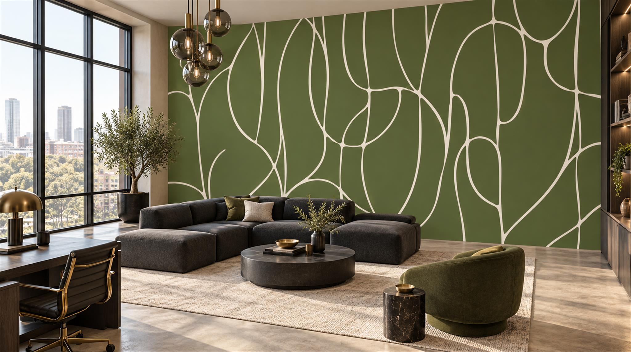 Olive Green Interlacing Line Wallpaper Mural — Installed Wallpaper Mural In A Home Office, Peel-and-stick Finish