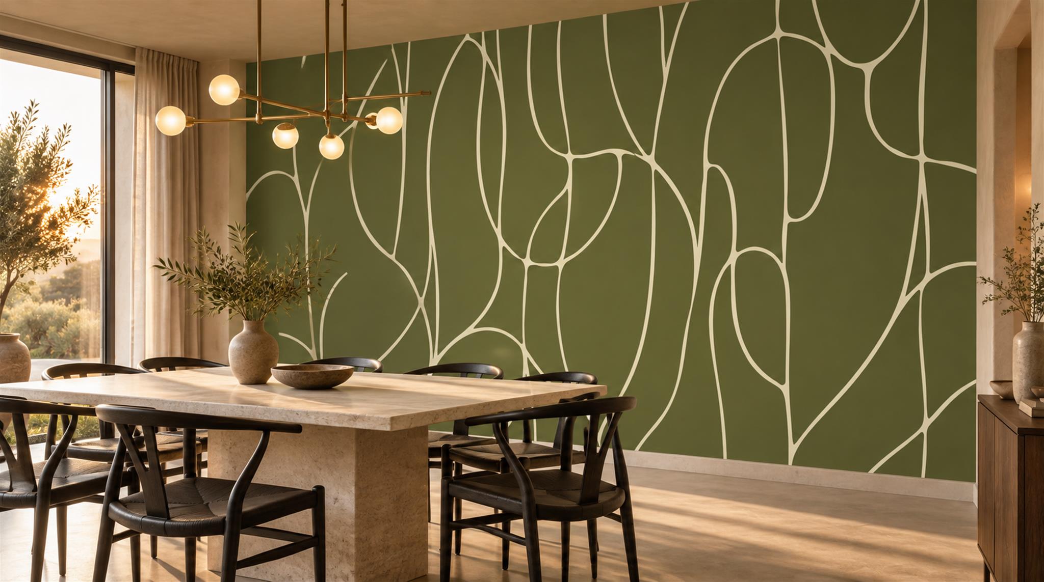 Olive And Neutral Abstract Forms Wallpaper Mural Office-wallpaper-murals, Shown In A Home Office, Peel-and-stick Finish