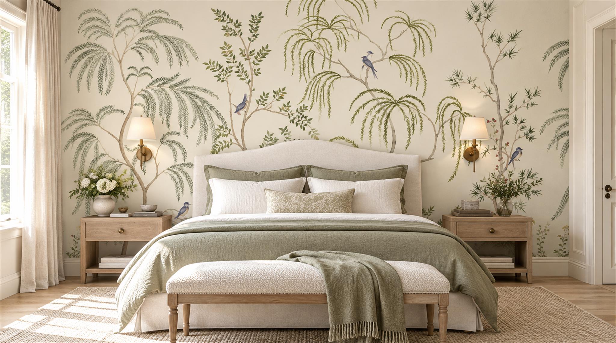 Ivory And Neutral Palm Leaves Decorative Wallpaper Mural Bedroom-wallpaper-murals, Peel-and-stick Finish