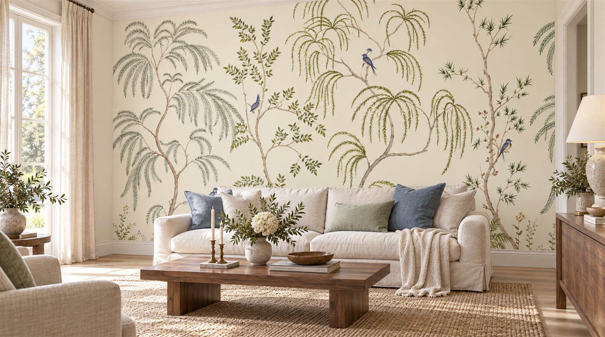 Ivory Palm And Fine Foliage Wallpaper Mural — Wallpaper Mural Design, Peel-and-stick Finish